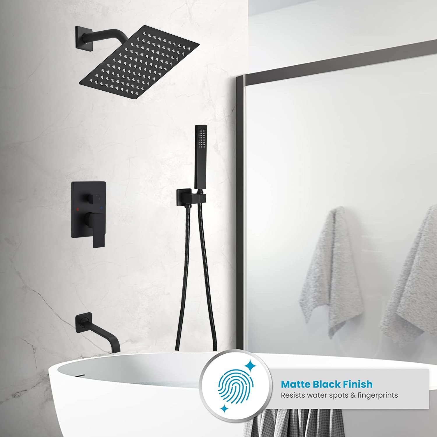 Premium Matte Black Shower Faucet Set - 8 Inch Rainfall Shower Head with Handheld Sprayer & Tub Spout - Single Handle Bathroom Shower System with Rough-in Valve - Perfect for Modern Master Bathrooms & Spa-Like Showers