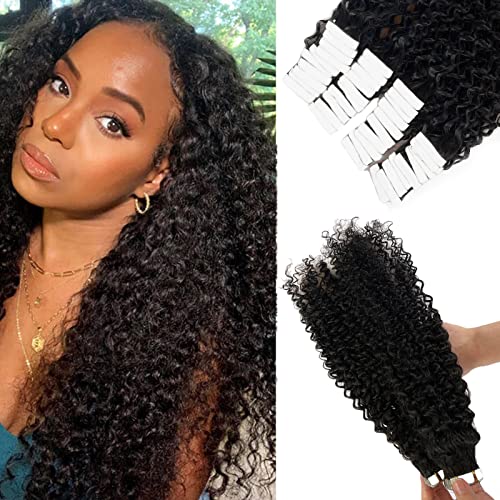 Valiilo Tape in Hair Extensions 40pcs - 100% Human Jerry Curly Remy Hair for Black Women | 20 Inch Natural Black Seamless Skin Weft with Invisible Double Sided Tape | Perfect for Daily Wear, Parties & Special Occasions