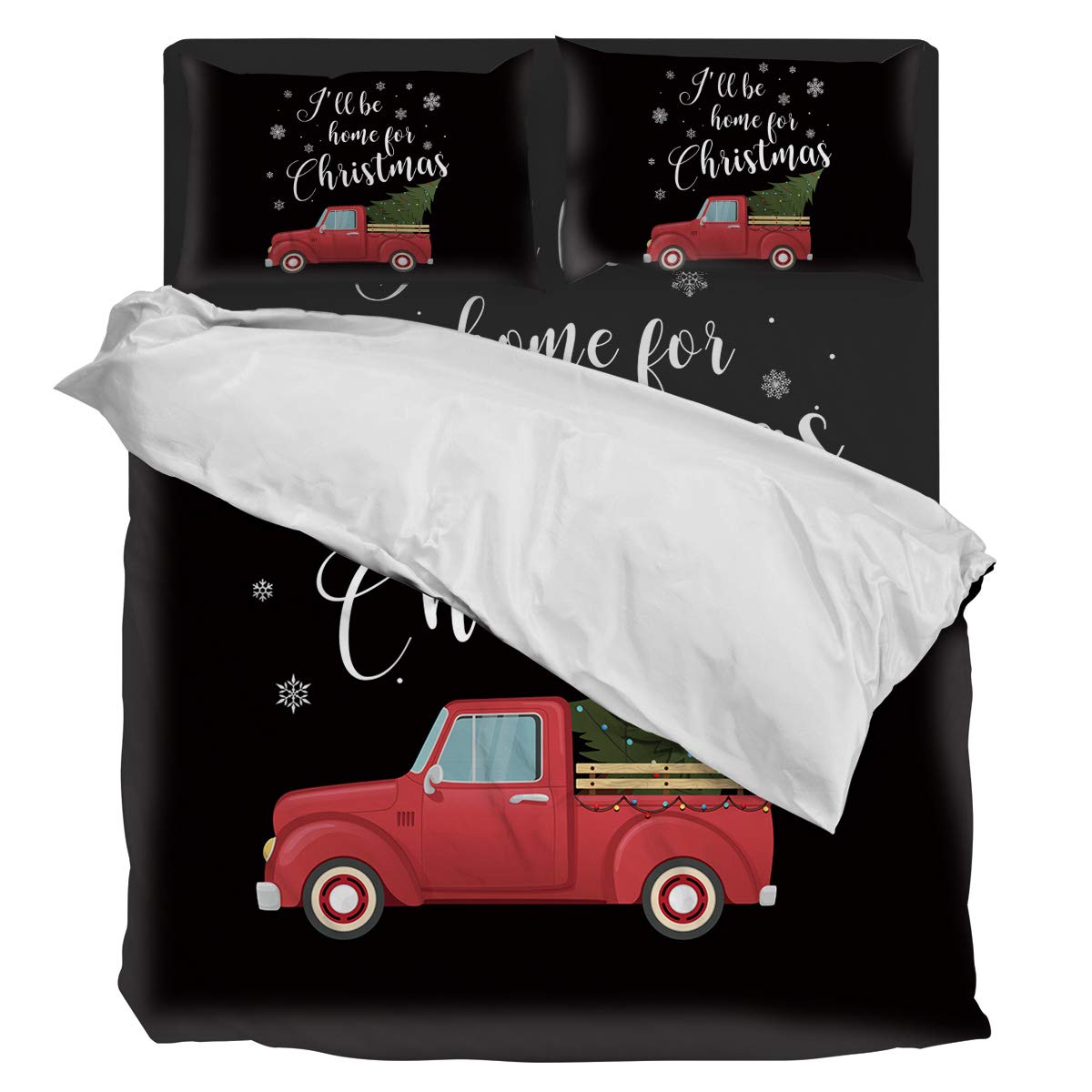 Vintage Red Pickup Truck Christmas Duvet Cover Set King Size - 4 Piece Luxury Soft Bedding (Duvet Cover + Sheet + 2 Pillowcases) - Perfect for Holiday Decor, Cozy Winter Nights & Farmhouse Style Bedrooms