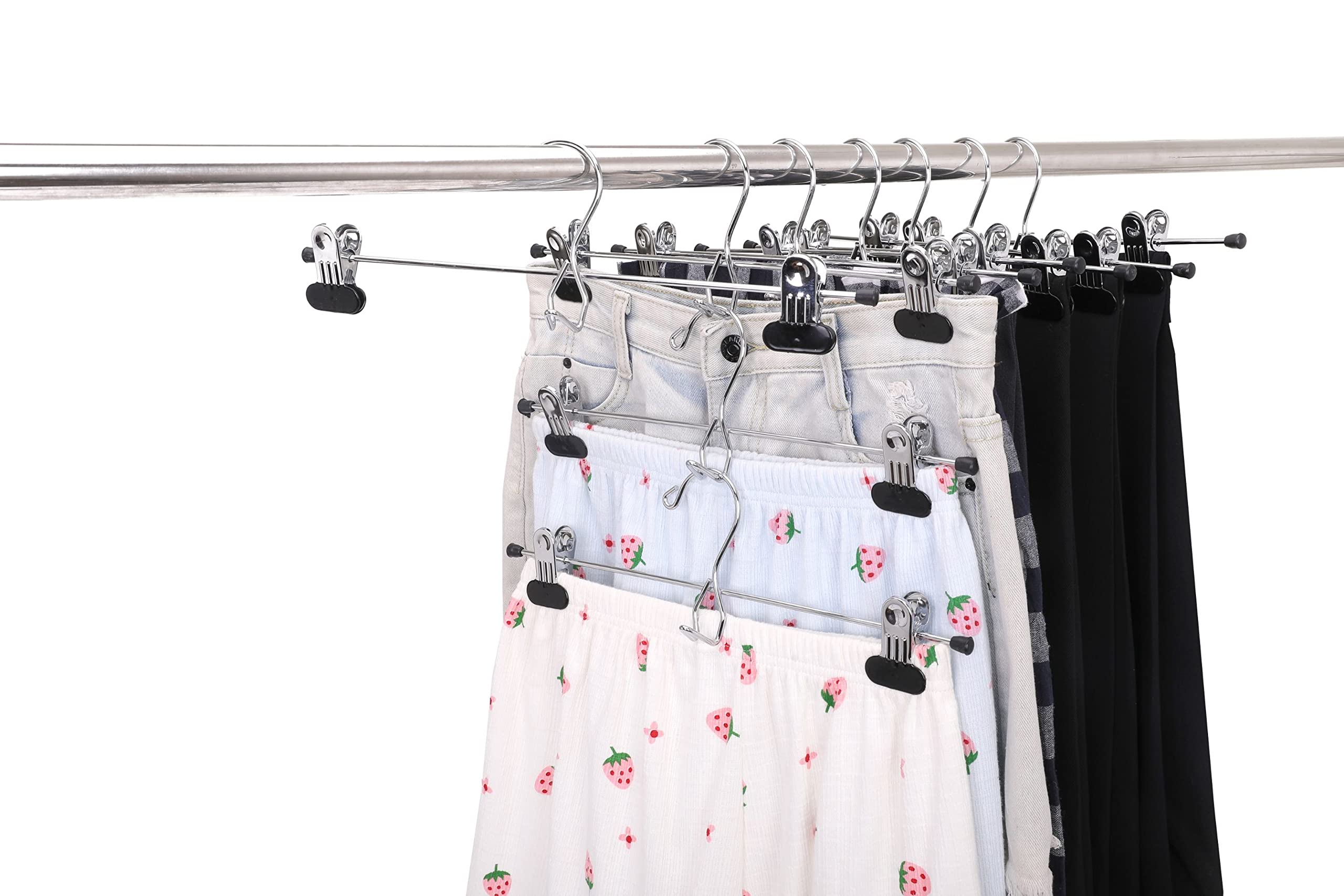12 Heavy Duty Metal Pants Hangers with Extra Wide Adjustable Clips - Stackable Skirt/Slack/Jeans Hangers for Closet Organization (Chrome, 12 Pack) - Perfect for Wardrobe Storage and Retail Display