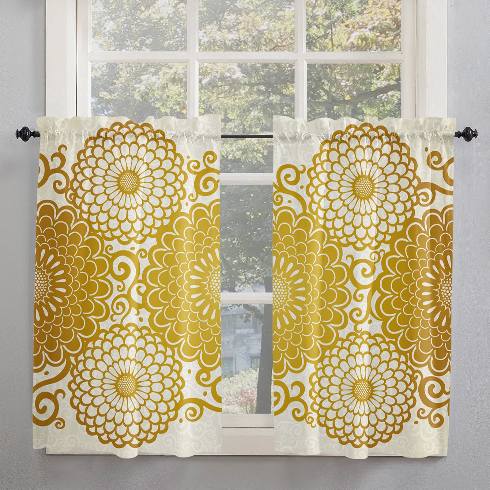 Thermal Insulated Blackout Curtains 54 Inch Length Set of 2 - Rod Pocket Room Darkening Drapes for Bedroom, Living Room, Kitchen & Bathroom | Golden Arabian Flower Design | Energy Saving & Light Blocking for Better Sleep & Privacy
