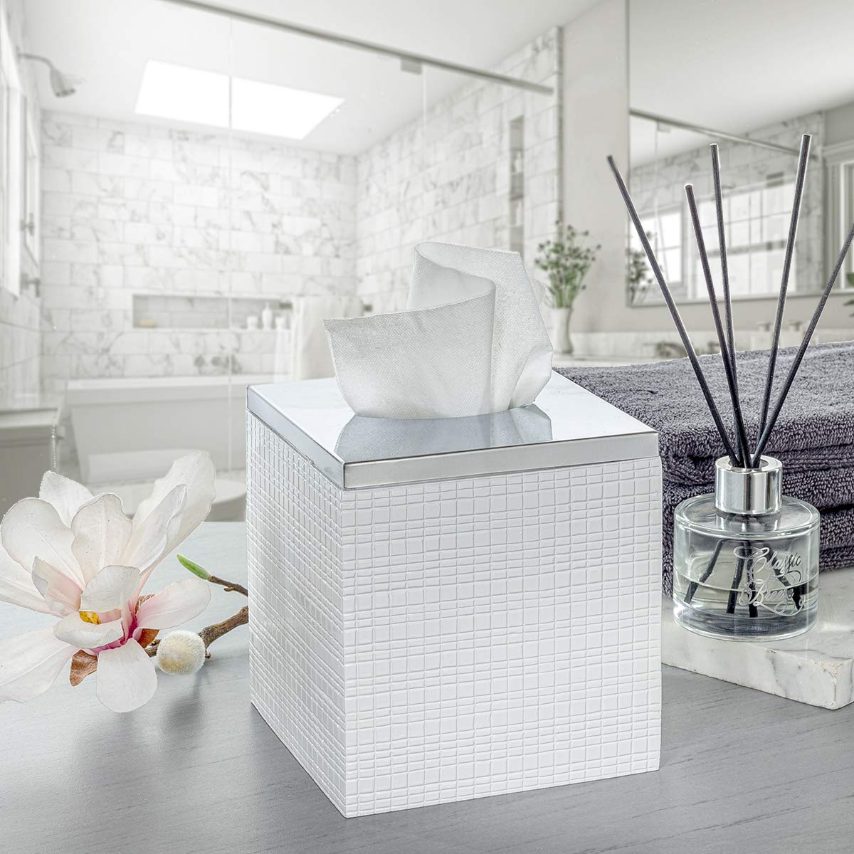 Elegant Estella White Square Tissue Box Cover - Decorative Bathroom Tissue Holder with Modern Design for Home & Office Decor | Perfect for Bathrooms, Living Rooms, and Guest Rooms