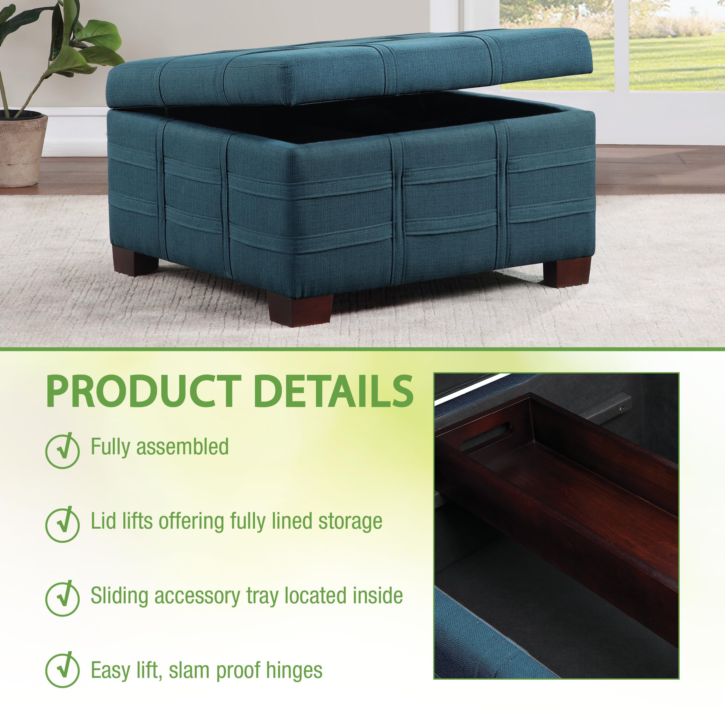 OSP Home Furnishings Detour Strap Square Storage Ottoman with Sliding Tray & Hinged Lid - Azure Fabric Upholstered Footrest Bench for Living Room, Bedroom & Home Decor