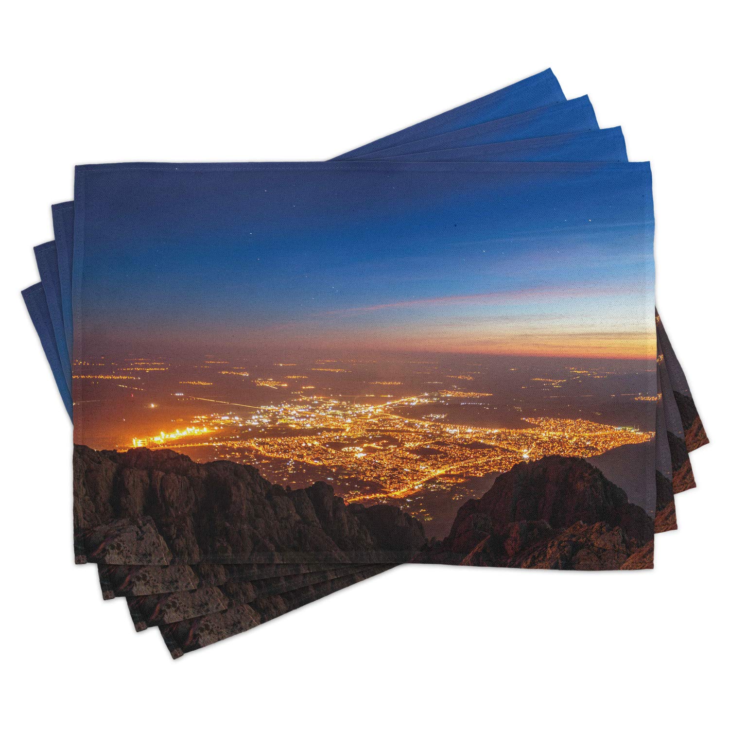 Ambesonne 4-Piece Landscape Place Mats Set - City Night Skyline Panoramic View Over Mountain Top Print, Washable Fabric Dining Table Mats for Kitchen & Dining Room Decor in Brown, Orange & Blue | Perfect for Dinner Parties, Holiday Gatherings & Everyday Meals