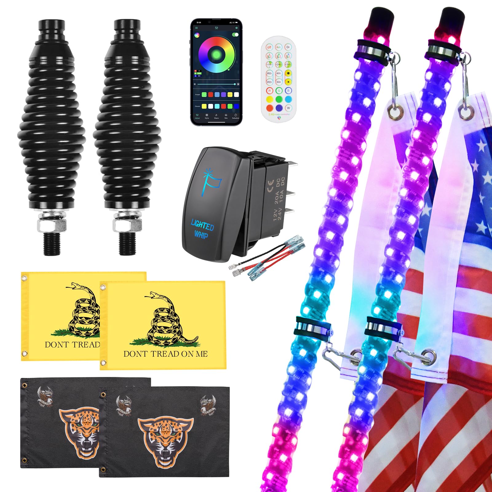 2 Pack 2FT LED Whip Lights with Spring Base - RGB Spiral Chasing Lights with App & Remote Control, Rocker Switch - for UTV, ATV, Polaris RZR, Can-Am SXS, Trucks - Perfect for Off-Roading, Night Rides & Car Shows