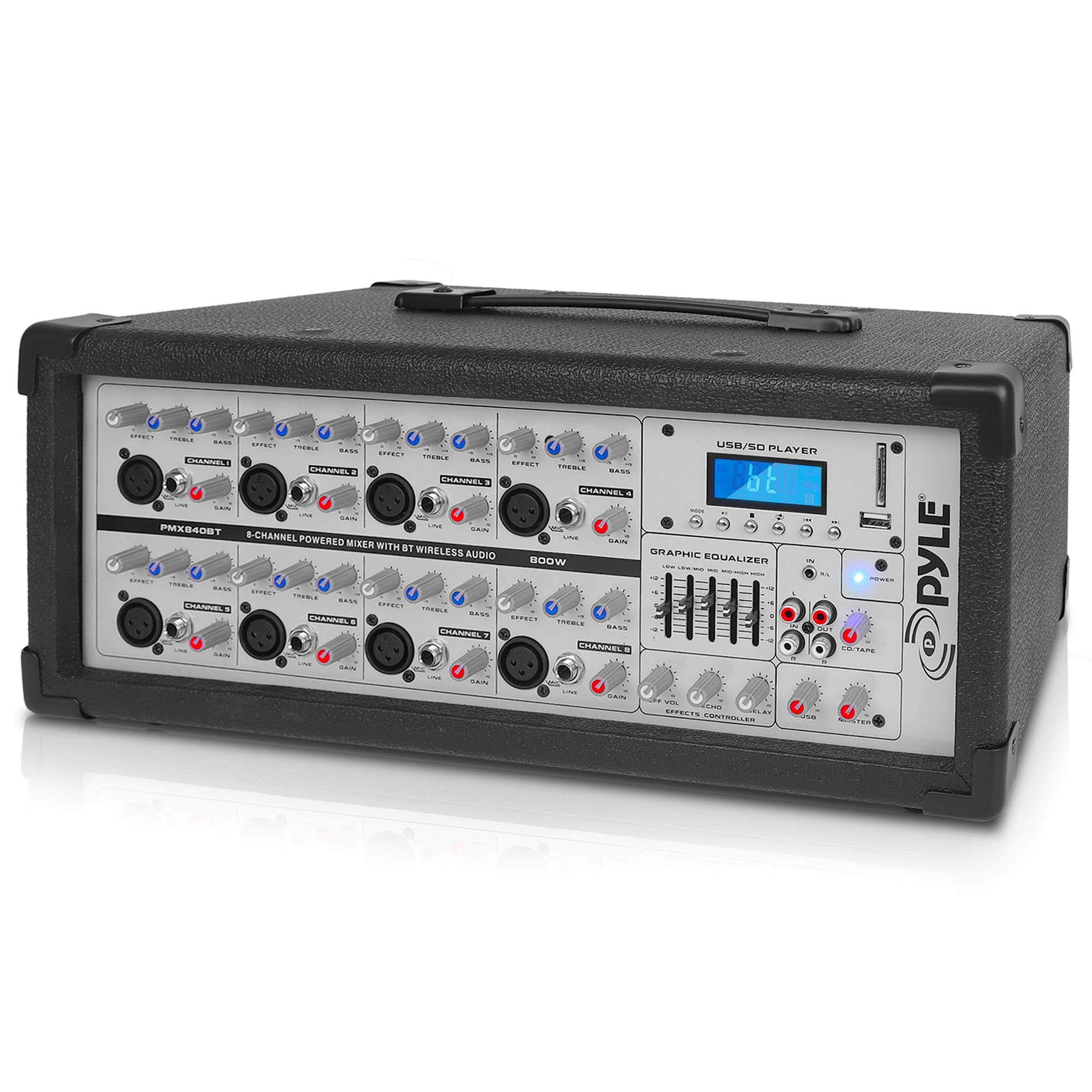Pyle 8-Channel Bluetooth Stage Powered Mixer - 800W Pro Audio Sound Mixer with MP3/USB/SD Playback, 3.5mm Aux Input, RCA & 1/4'' Effects Loop - Digital LCD Display & Cooling Fan - Perfect for Live Performances & DJ Gigs - PMX840BT