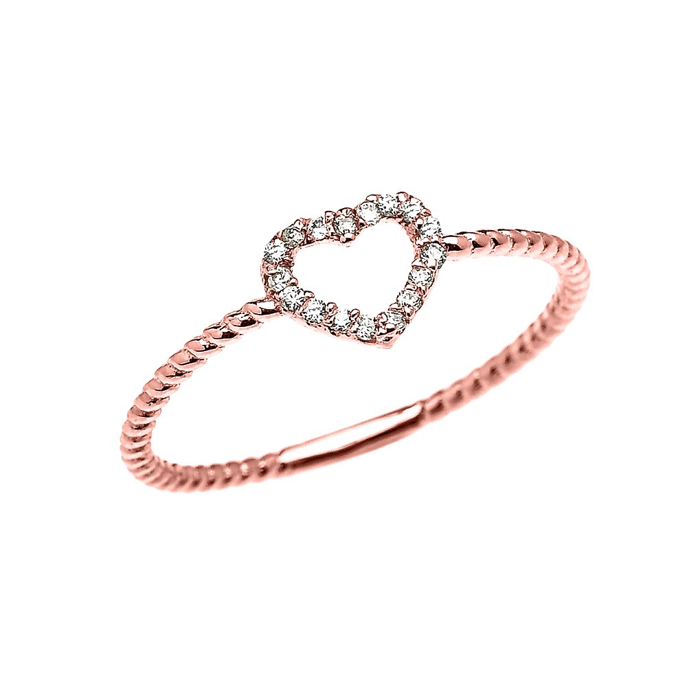 14K Rose Gold Dainty Diamond Open Heart Rope Design Ring for Women - Elegant Stackable Jewelry Gift for Anniversary, Valentine's Day & Special Occasions