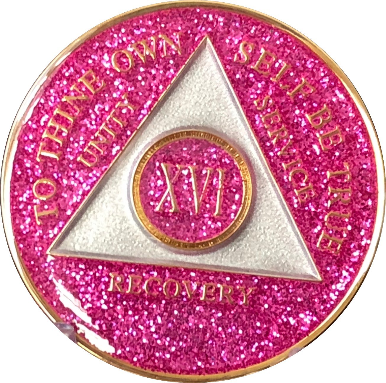16 Year AA Medallion Glitter Pink Tri-Plate Poker Chip XVI - Perfect for Casino Nights, Poker Tournaments, and Collectible Displays
