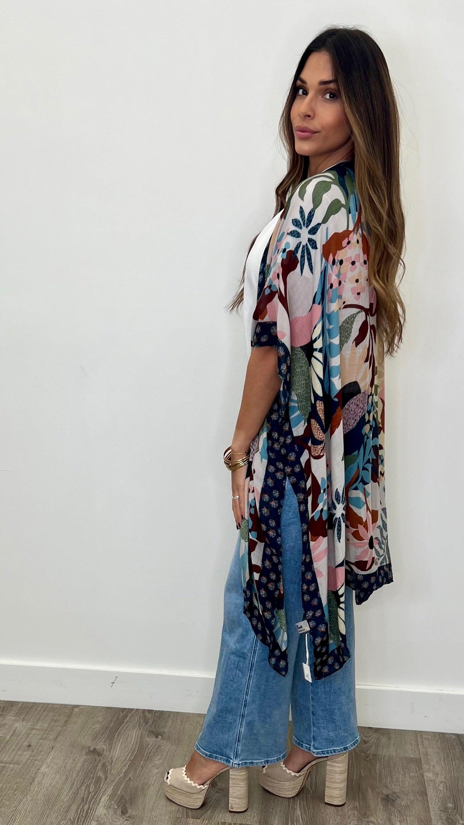 Deep Ocean Kimono Robe - Japanese Floral Print Long Sleeve Bathrobe for Women - Perfect for Spa, Lounge & Beach Cover-Up