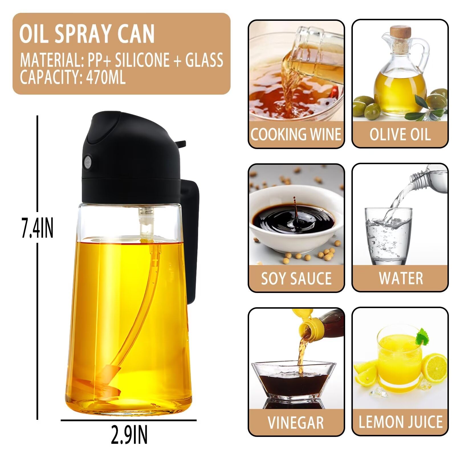 Premium 2-in-1 Glass Oil Dispenser & Sprayer - 470ml Kitchen Oil Spray Bottle for Olive Oil, Vinegar & Cooking - Perfect for Salad Making, Baking, Frying & BBQ - Black (Ideal for Healthy Cooking & Meal Prep)
