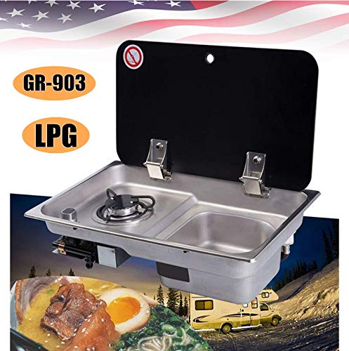 Portable 1-Burner LPG Gas Camping Stove with Glass Lid & Sink Combo - Compact RV Cooktop for Motorhome, Boat, Caravan & Outdoor Adventures (21
