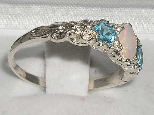 14K White Gold Genuine Opal & Blue Topaz Women's Band Ring - Elegant Stackable Jewelry for Everyday Wear & Special Occasions