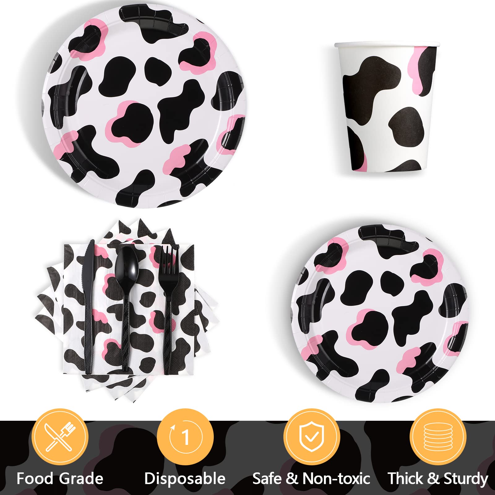 171-Piece Pink Cow Print Party Supplies Set - Plates, Cups, Napkins, Cutlery (24 Settings) with Banner & Tablecloths - Perfect for Cow-Themed Birthday, Baby Shower & Farm Animal Decorations (Great for Kids' Parties, Gender Reveals & Western-Themed Events)
