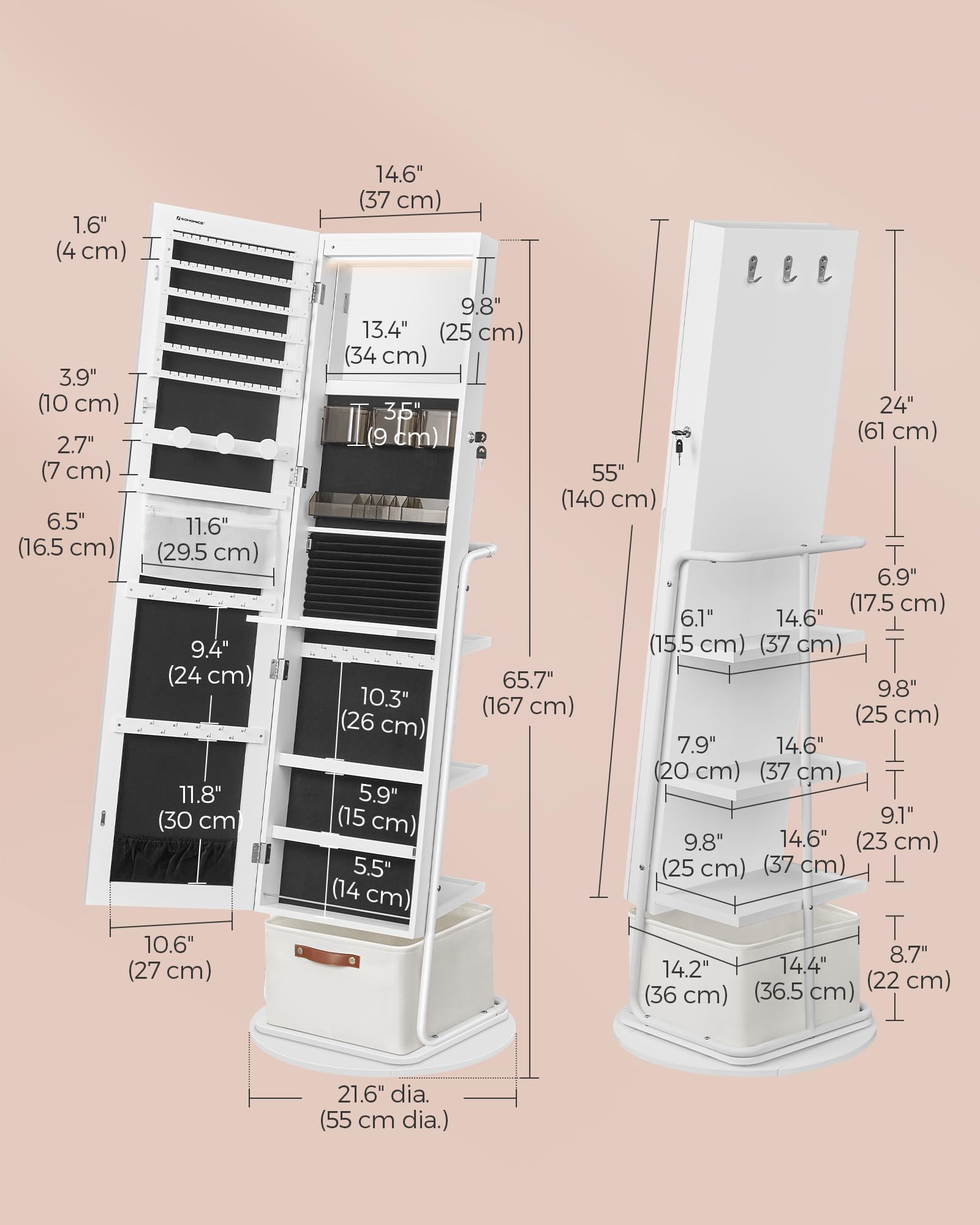 SONGMICS 360° Swivel Jewelry Cabinet with LED Lights - Full Length Mirror & Jewelry Storage Organizer - Standing Jewelry Armoire with Makeup Shelf & Storage Basket - Cloud White UJJC018W01 - Perfect for Bedroom, Dressing Room & Vanity Organization
