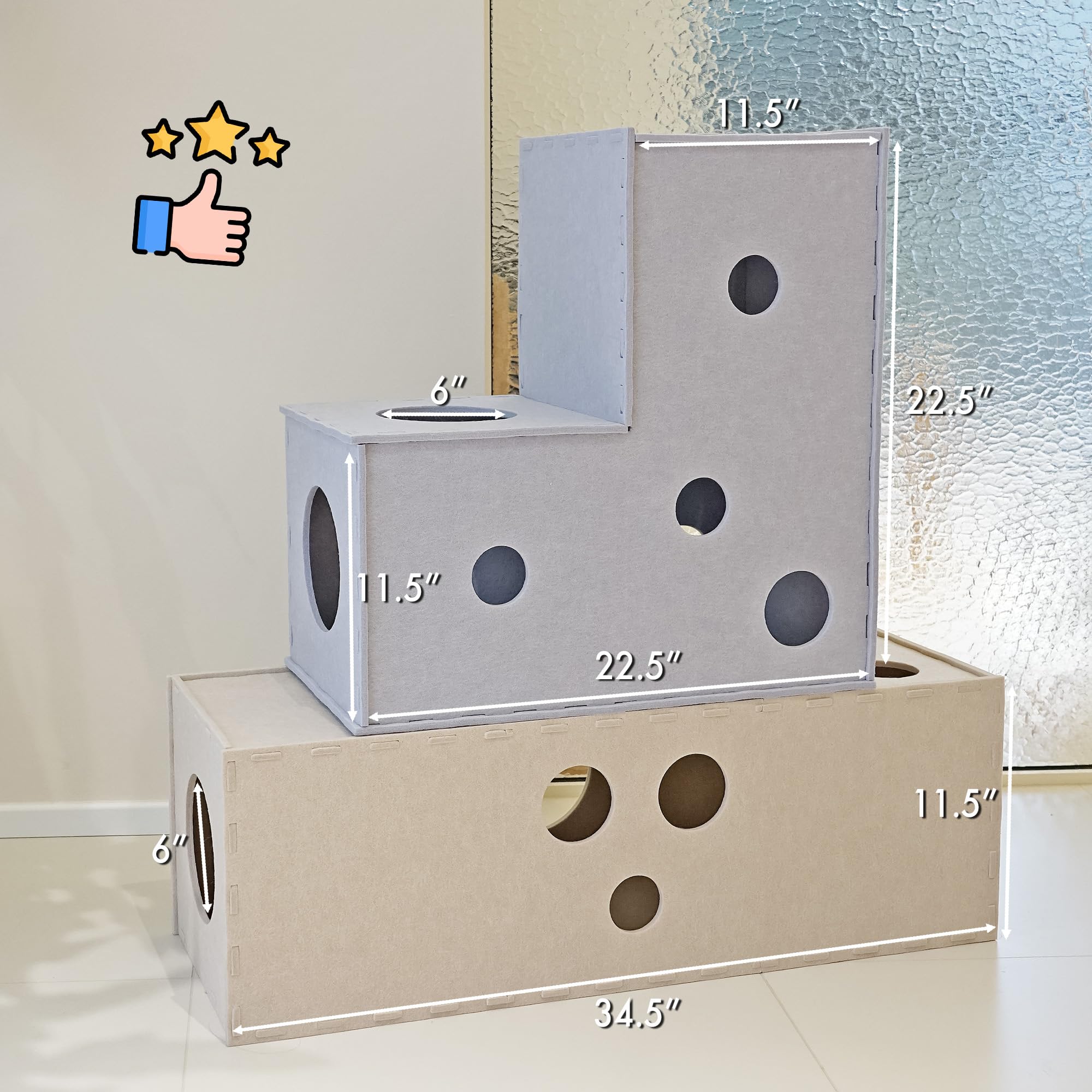 Meeyoview Cat Tunnel - Soft Felt Indoor Cat Play Tunnel with Peekaboo Hideaway Cave, L-Shaped Cat Bed & Interactive Cube Toy for Small, Medium & Large Cats - Perfect for Playtime, Exercise & Stress Relief
