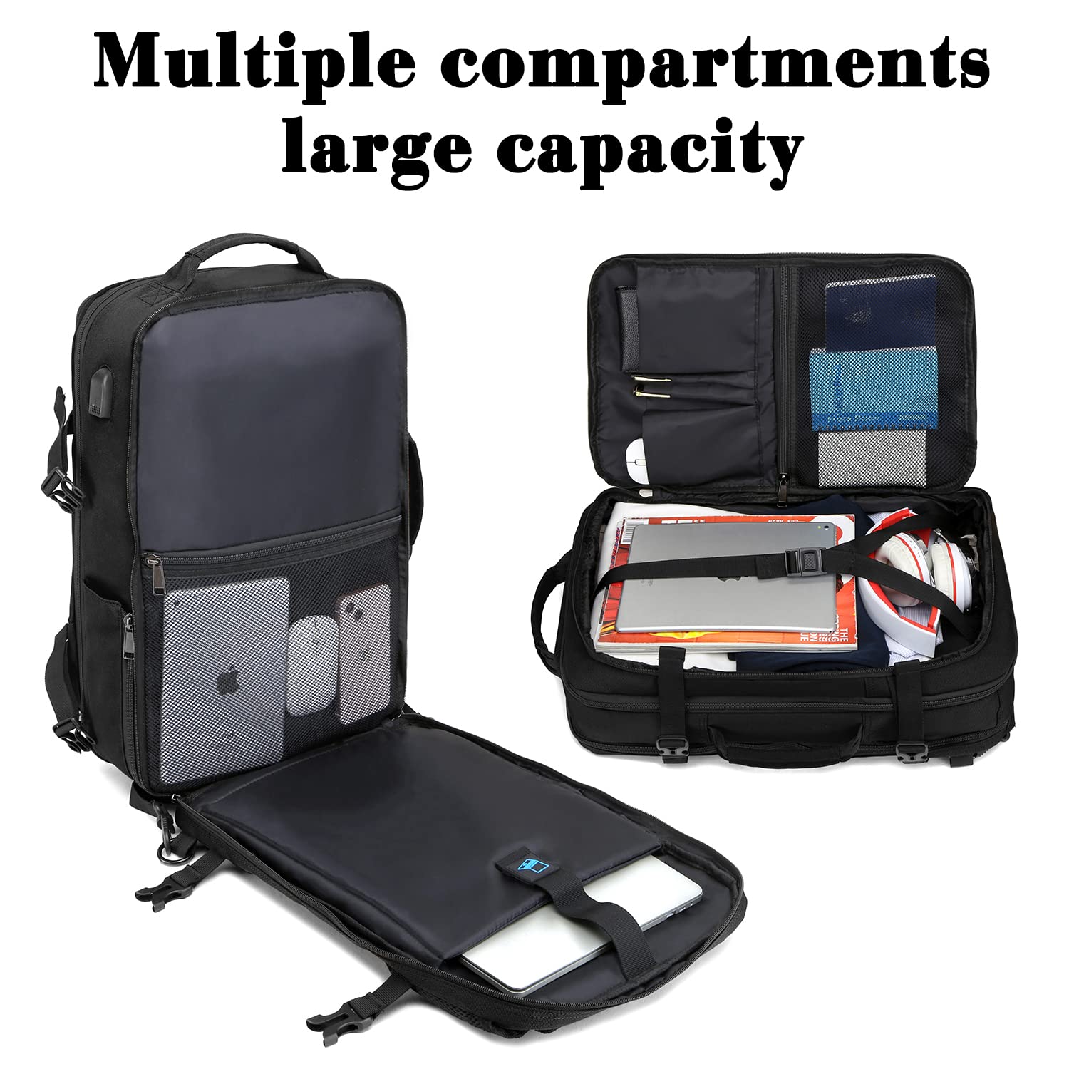 TUGUAN 17 Inch Expandable Laptop Backpack 36L with USB Charging Port - Black Business Backpack for Men & Women, Ideal for Work, Commuting, and Travel
