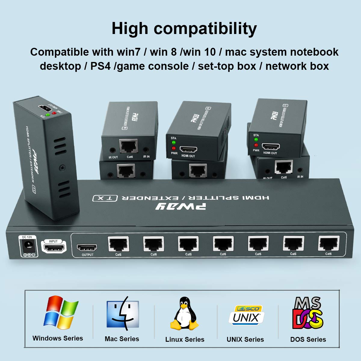 7 Port HDMI Extender Splitter Over CAT6/CAT6a/CAT7 - 1080p 60Hz up to 50m (165ft) with HDMI Loop Out, Bi-Directional IR Remote & EDID Management (1 in 7 Out) - Perfect for Home Theater, Conference Rooms & Multi-Screen Displays