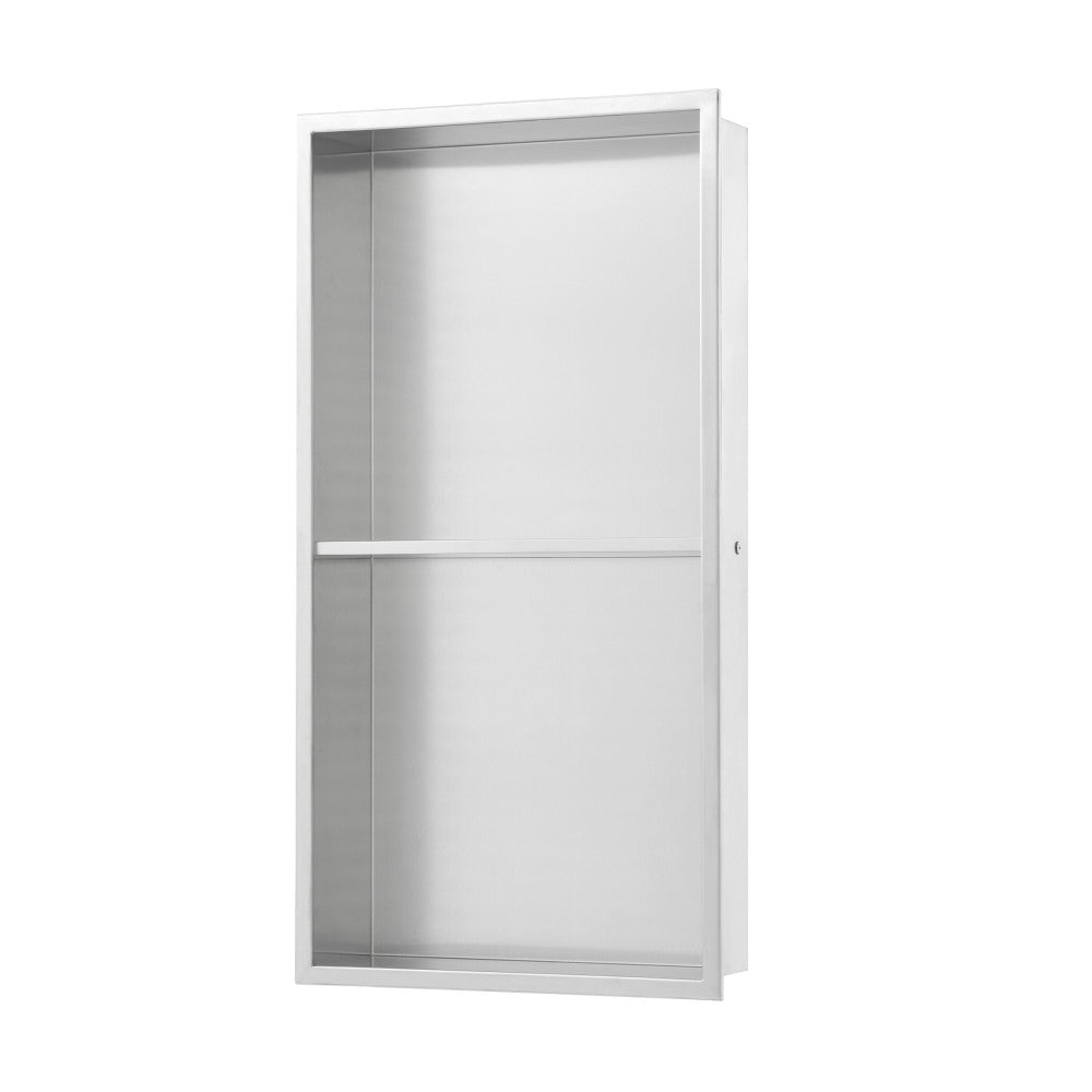 Voltaire 12 x 24 Inch Stainless Steel Double Shelf Wall Niche - Matte Chrome Finish for Bathroom, Shower, or Kitchen Storage Organizer