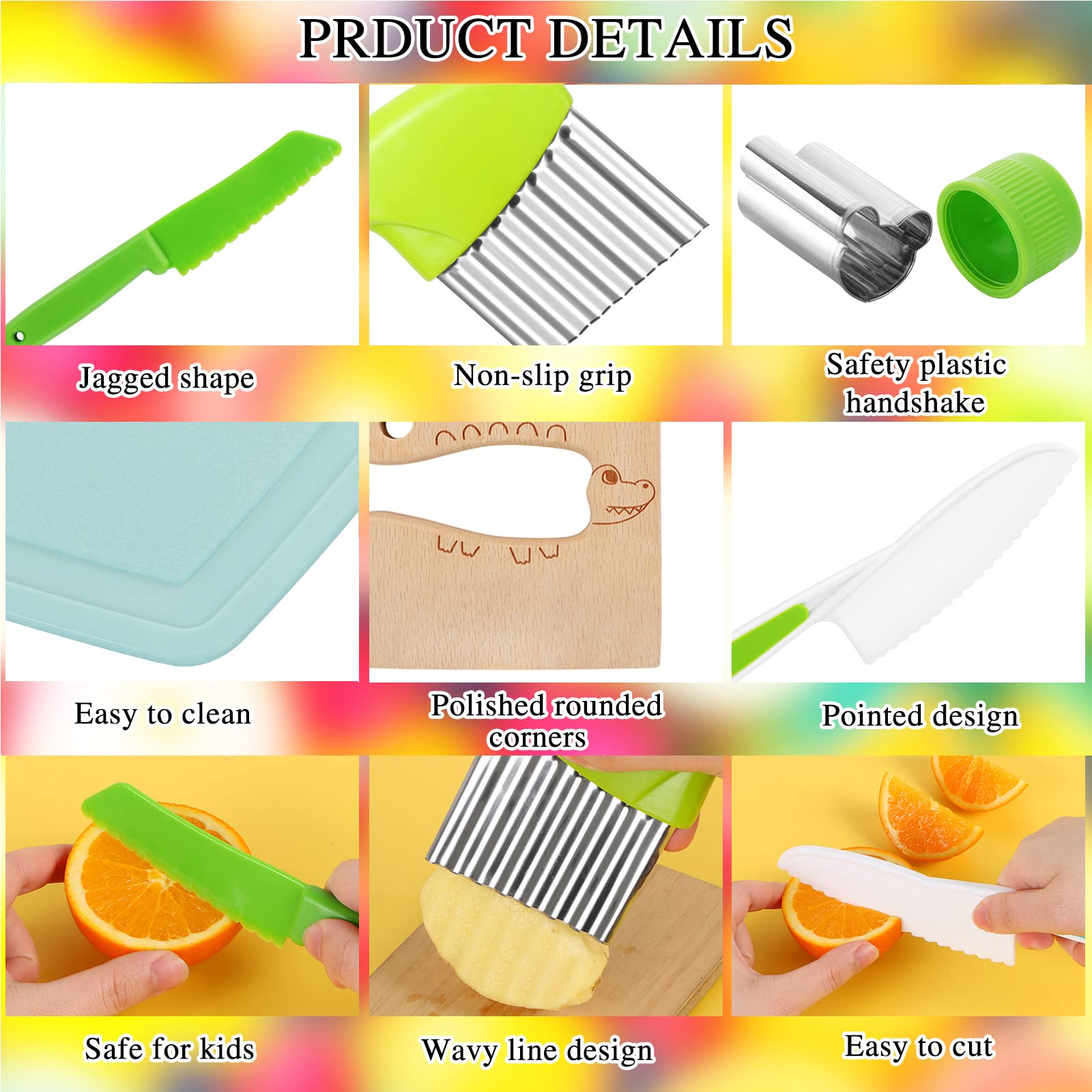 11PCS Kids Knife Set - Safe Toddler Cooking Knives with Serrated Edges & Cutting Board - Real Kitchen Tools for Children - Perfect for Slicing Fruits, Vegetables and Cooking Activities