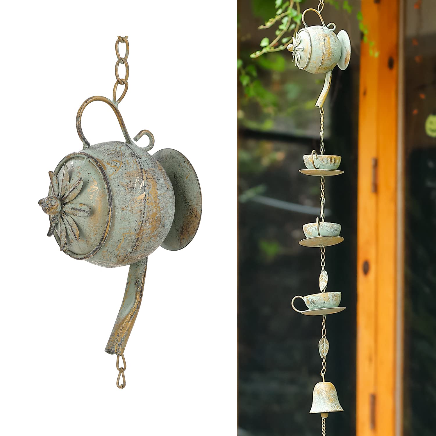 Jemeni 40 Inch Tall Hanging Teapot & Cups Wind Chime with Bell - Antique Green Patina Finish | Outdoor Garden Decor, Patio Wind Chime, Unique Backyard Ornament