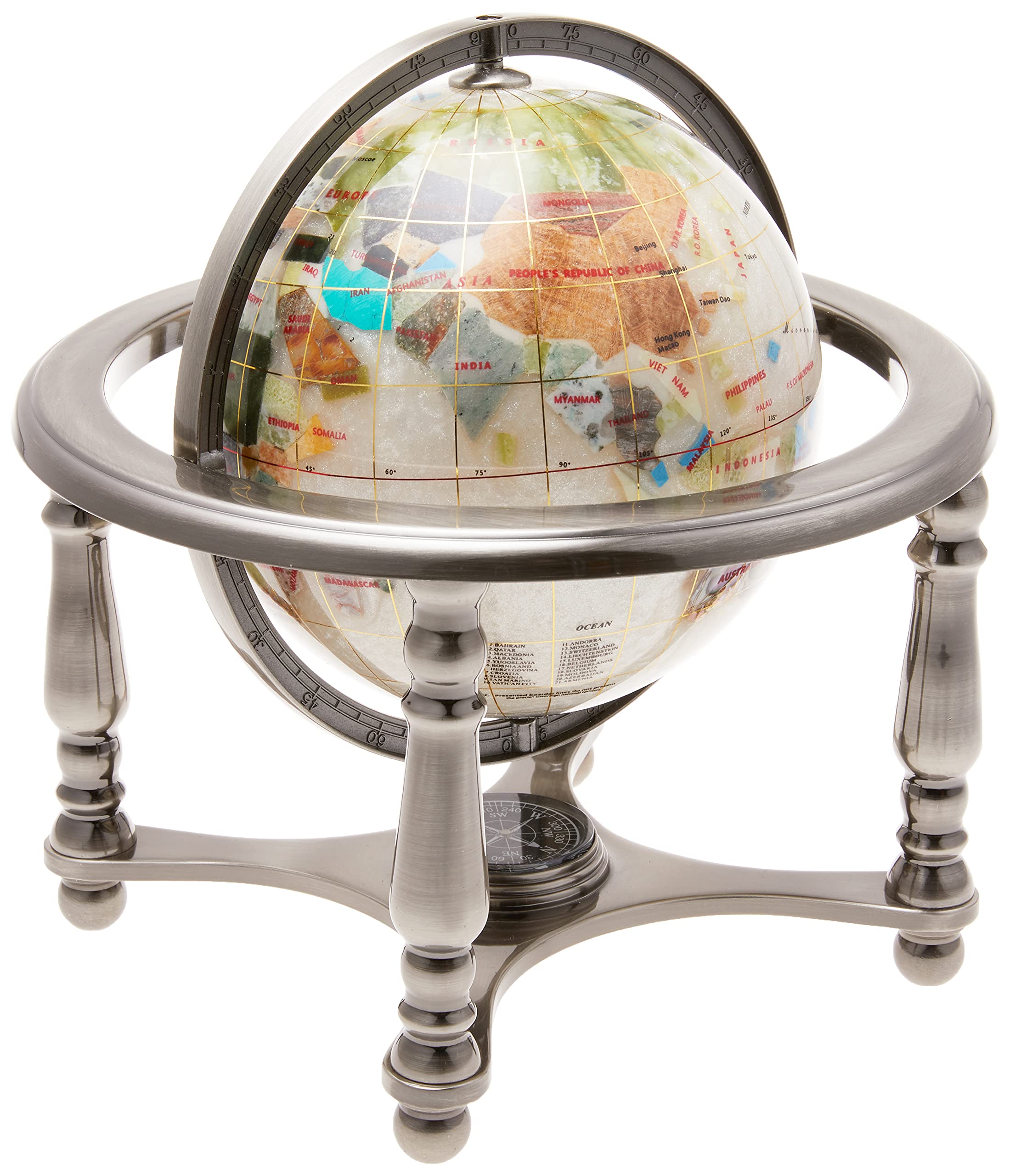 10-Inch Pearl Swirl Ocean Gemstone World Globe with Silver Stand - Unique Art Decor for Home, Office & Gift Giving