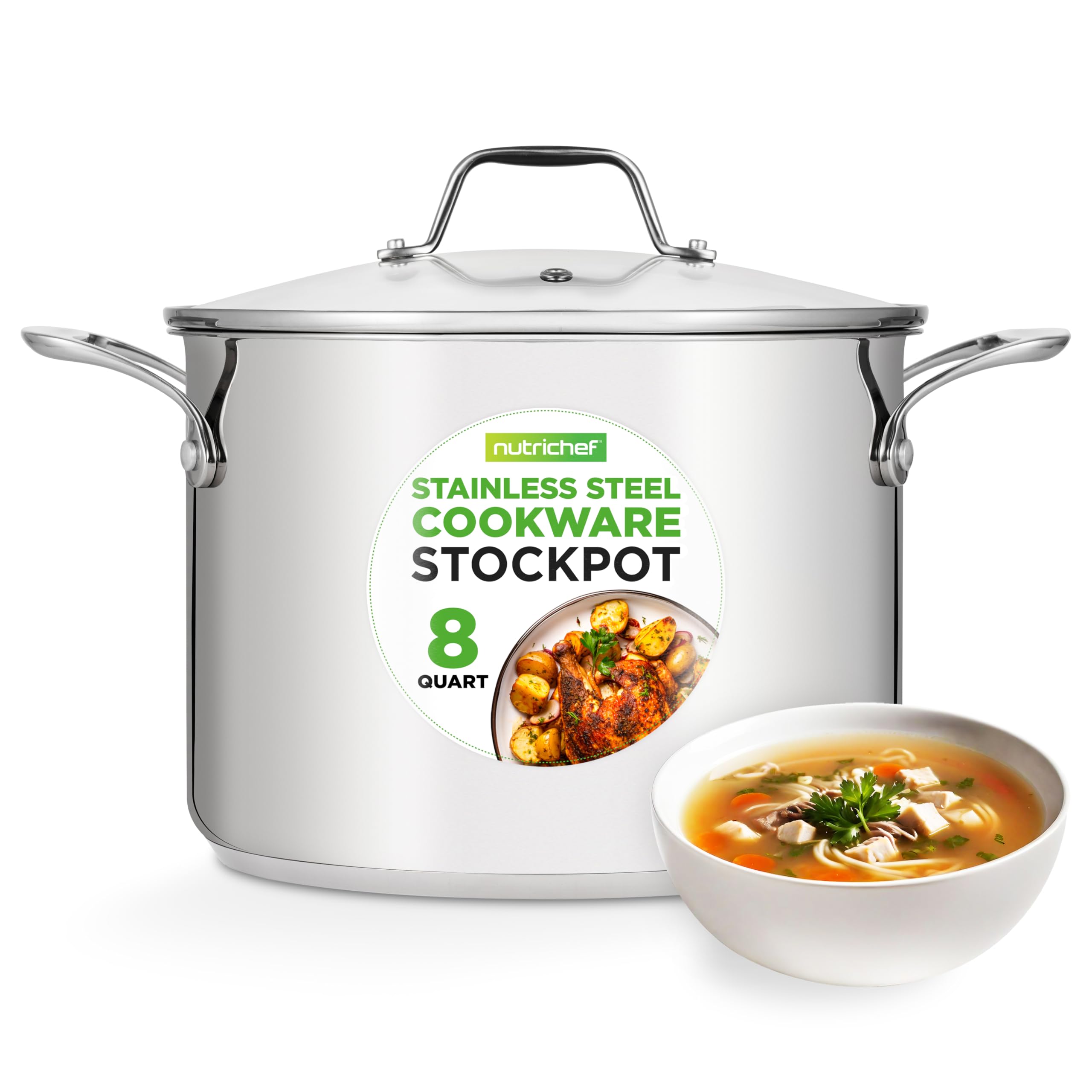 NutriChef 8-Quart Stainless Steel Stock Pot with Glass Lid - 18/8 Food Grade Induction Ready Cooking Pot for Soups, Stews, Pasta & Boiling - Heavy Duty Restaurant Quality Cookware for Home & Commercial Kitchens