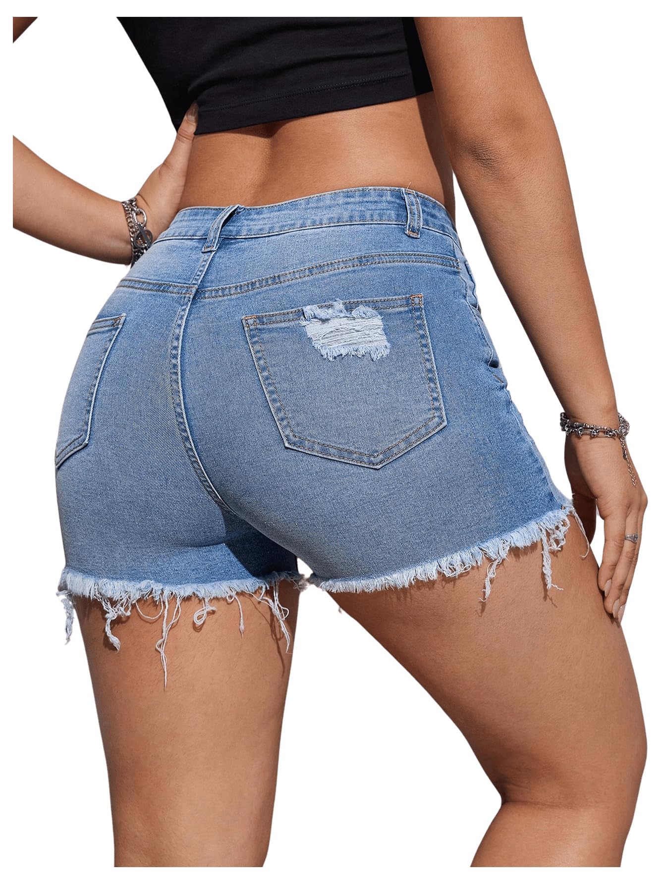 Women's High Waist Distressed Denim Shorts - Ripped Raw Hem with Zipper & Pockets | Trendy Casual Summer Outfits for Streetwear & Beach