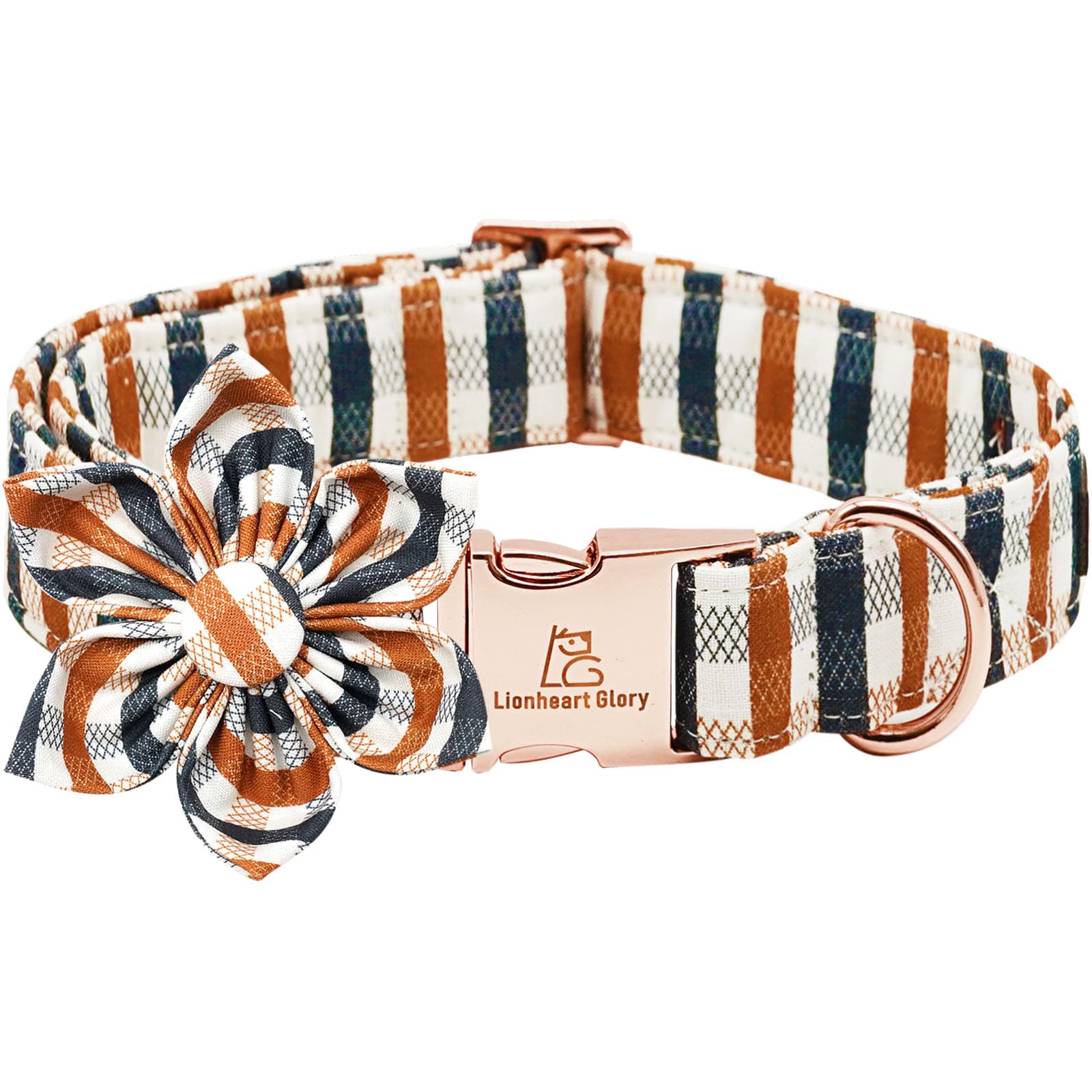 Lionheart Glory Plaid Dog Collar with Flower - Heavy Duty Adjustable Pet Collar for X-Small Puppies & Small Dogs | Perfect for Fall Walks, Outdoor Adventures & Special Occasions