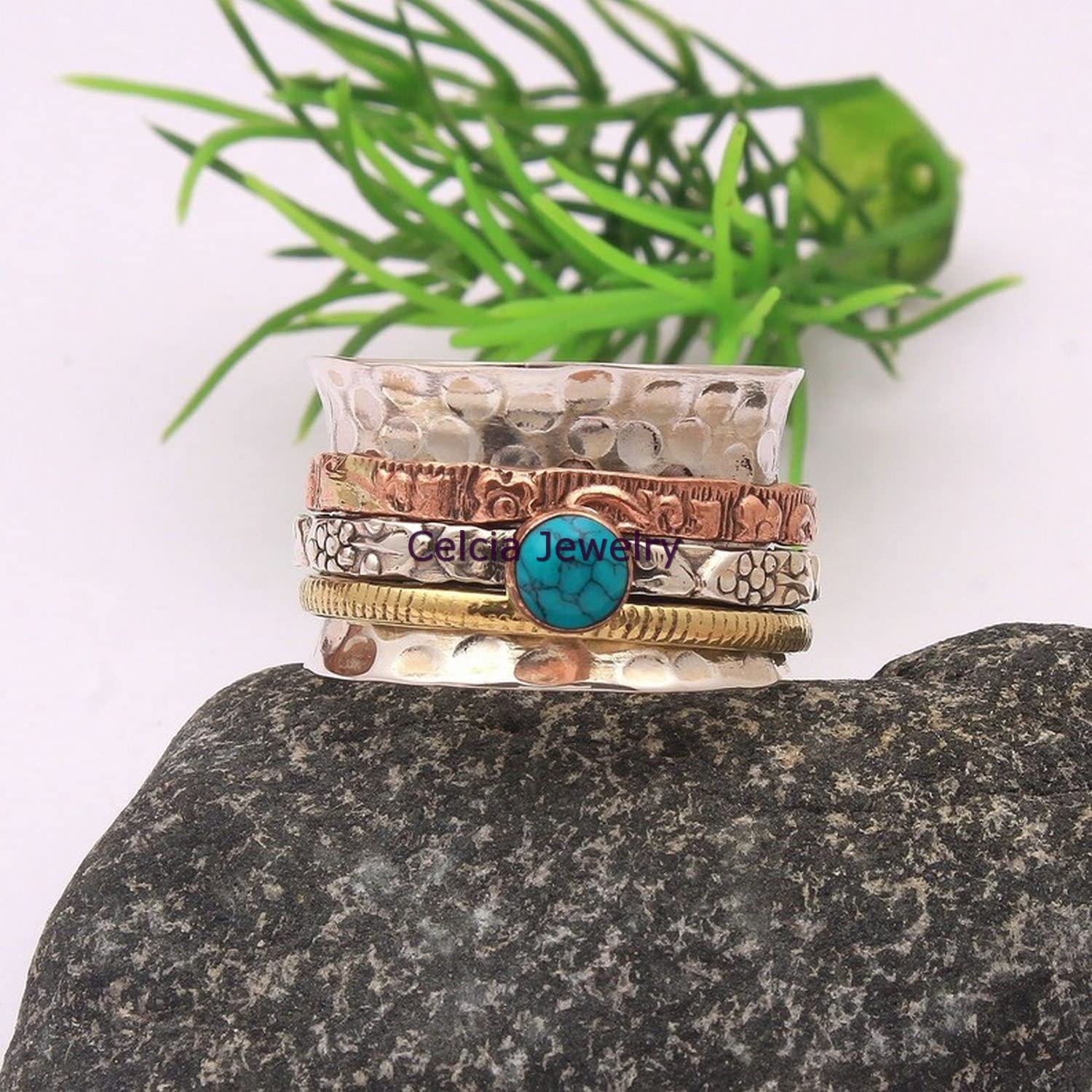 Natural Turquoise Round Gemstone Spinner Ring for Meditation & Stress Relief - Handcrafted Three-Tone Hammered Ring, December Birthstone Jewelry (US Size 7) | Perfect for Yoga, Mindfulness & Gift Giving
