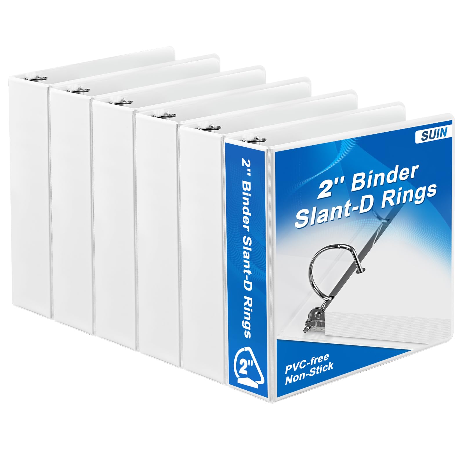 2 Inch 3 Ring Binders, 6-Pack Slant D Ring Binders with Non-Stick Cover - PVC-Free, Holds 475 Sheets of US Letter Paper - Perfect for Office, School, and Home Organization (White)