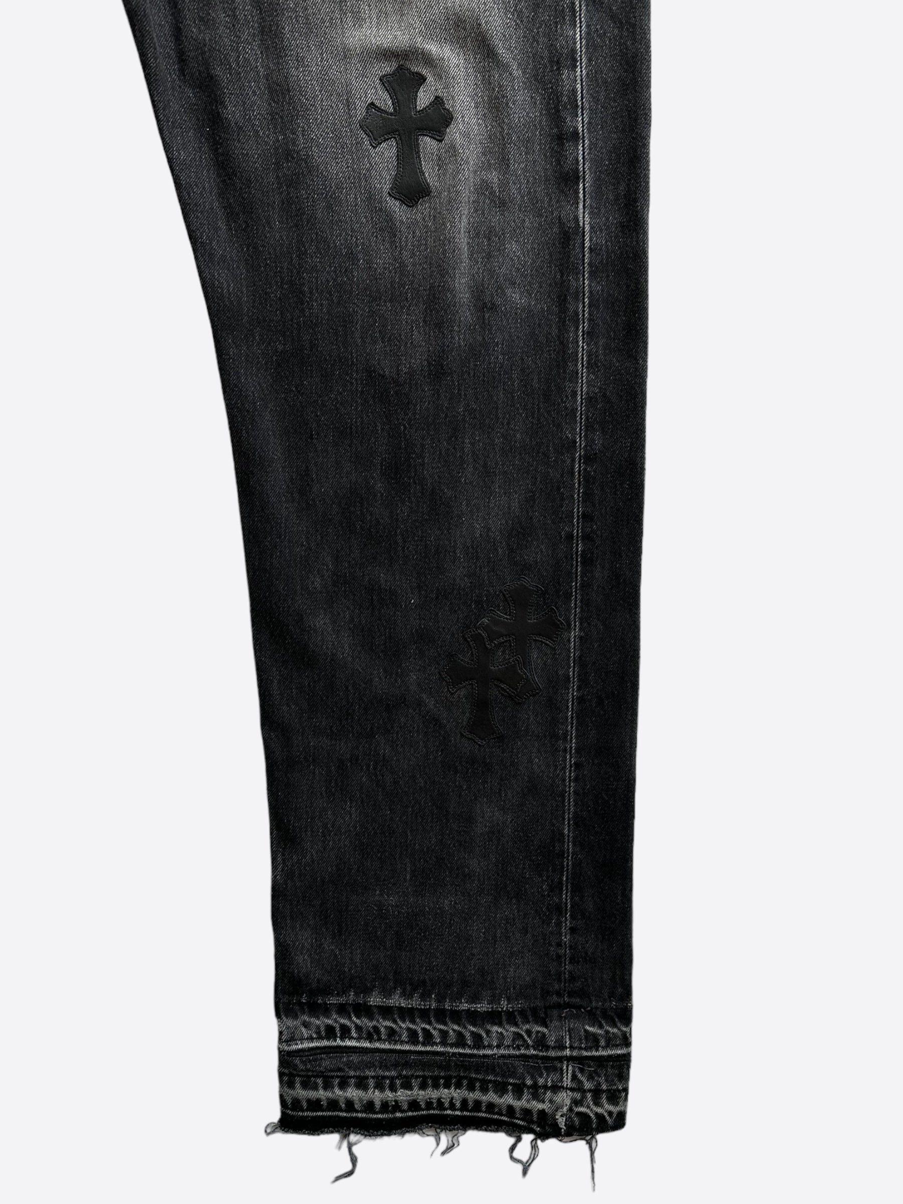 Chrome Hearts x Gallery Dept x Levis Grey & Black Cross Patch Distressed Jeans for Men - Vintage Denim Pants with Unique Design, Perfect for Streetwear & Casual Outfits