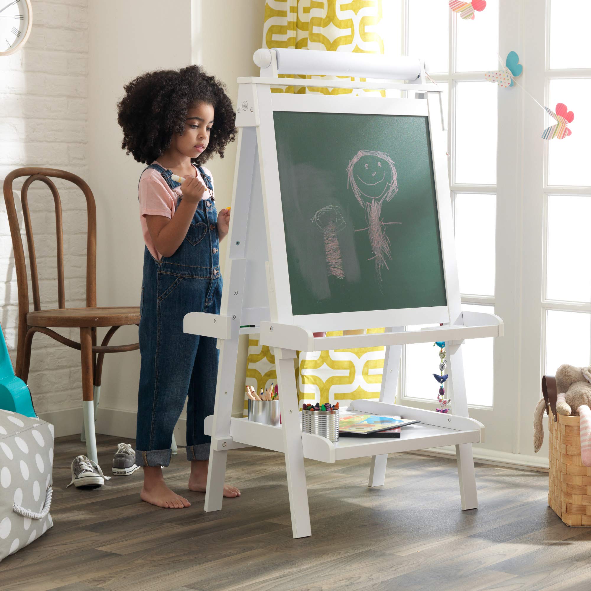 KidKraft Deluxe Wooden Art Easel with Chalkboard & Dry Erase Board, Paper Roll & Paint Cups - White Kids Art Station for Ages 3+ | Perfect for Home, Classroom & Creative Play