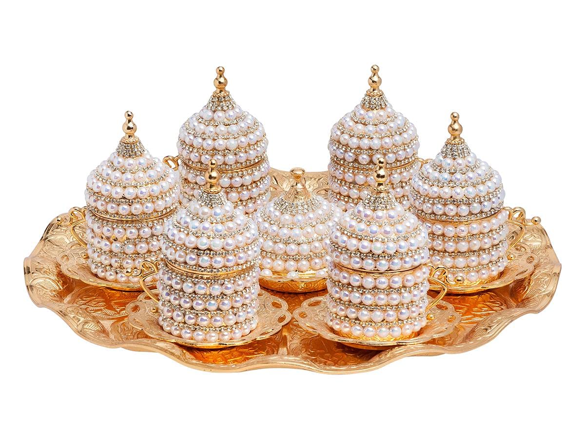 Premium Porcelain Turkish Coffee Cup Set - 6-Piece Espresso Cups with Saucer, Lid & Tray, Elegant Gold Arabic Greek Design for Home, Café & Gifts | Perfect for Coffee Lovers, Weddings & Housewarming
