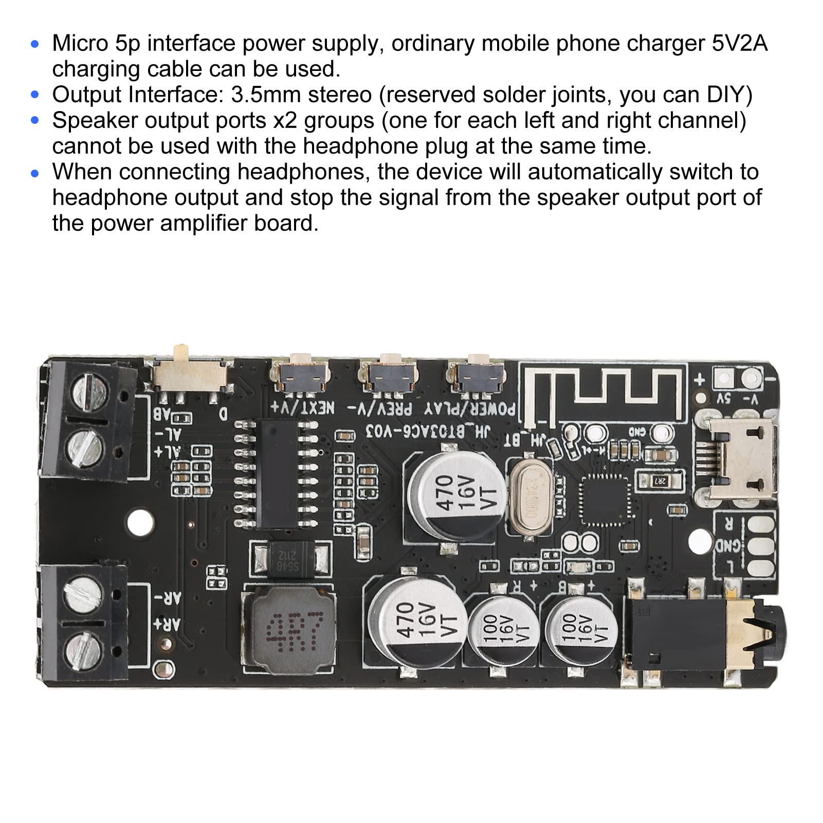 DIY Bluetooth 5.0 Receiver Module - Wireless Stereo Amplifier Board with 3.5mm Headphone Jack & Button Control for Home Audio, Car Stereo & DIY Electronics Projects