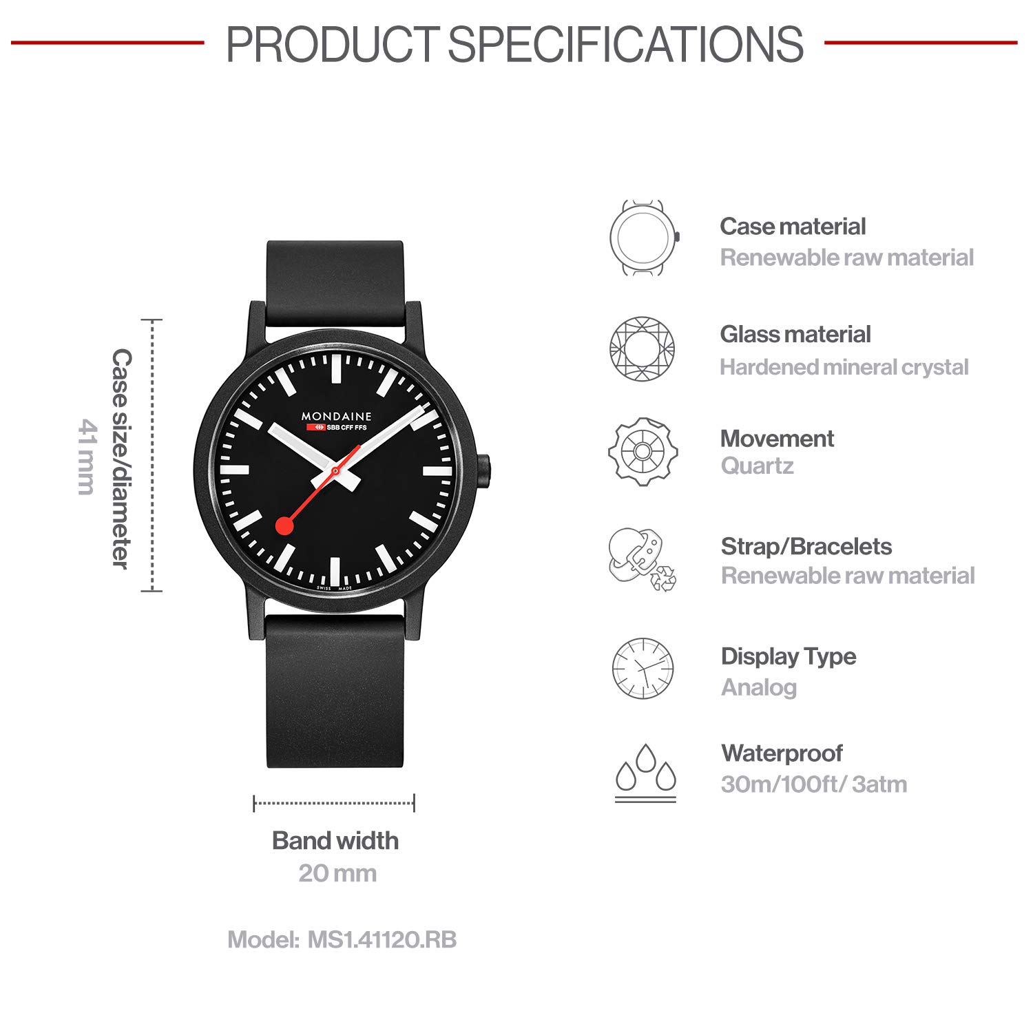 Mondaine MS1.41120.RB SBB Swiss Quartz Analog Watch for Men - Black Dial - Made in Switzerland - Perfect for Business, Casual & Formal Occasions