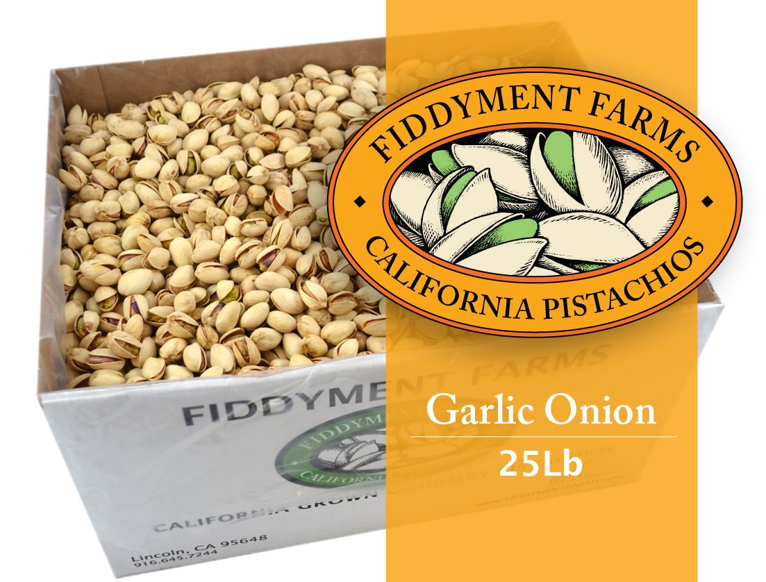 Fiddyment Farms 25 Lbs Garlic Onion Flavored In-Shell Pistachios - Perfect for Snacking, Parties & Healthy Eating