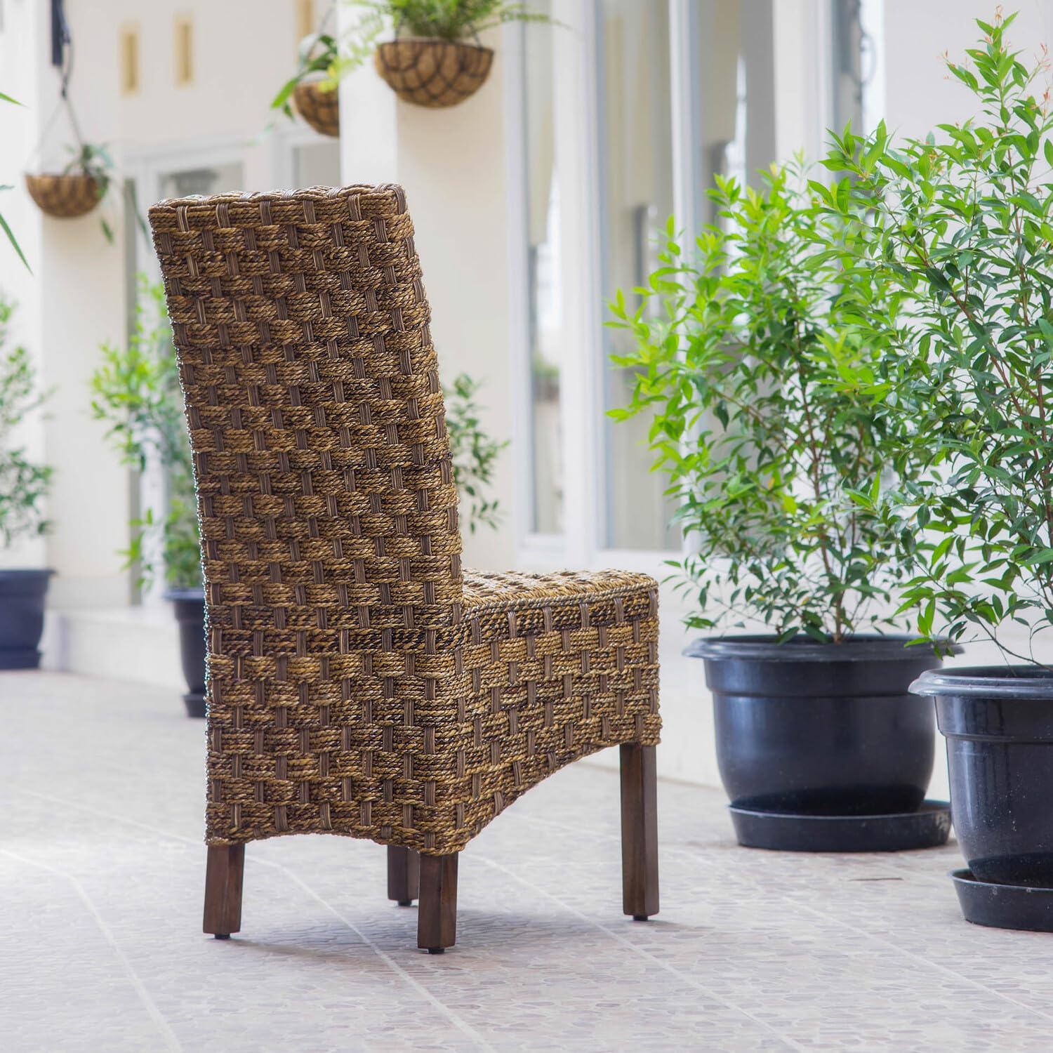 Handwoven Manila Abaca Rattan Wicker Dining Chair - Natural Boho Style Indoor/Outdoor Furniture for Patio, Dining Room & Beach House Decor