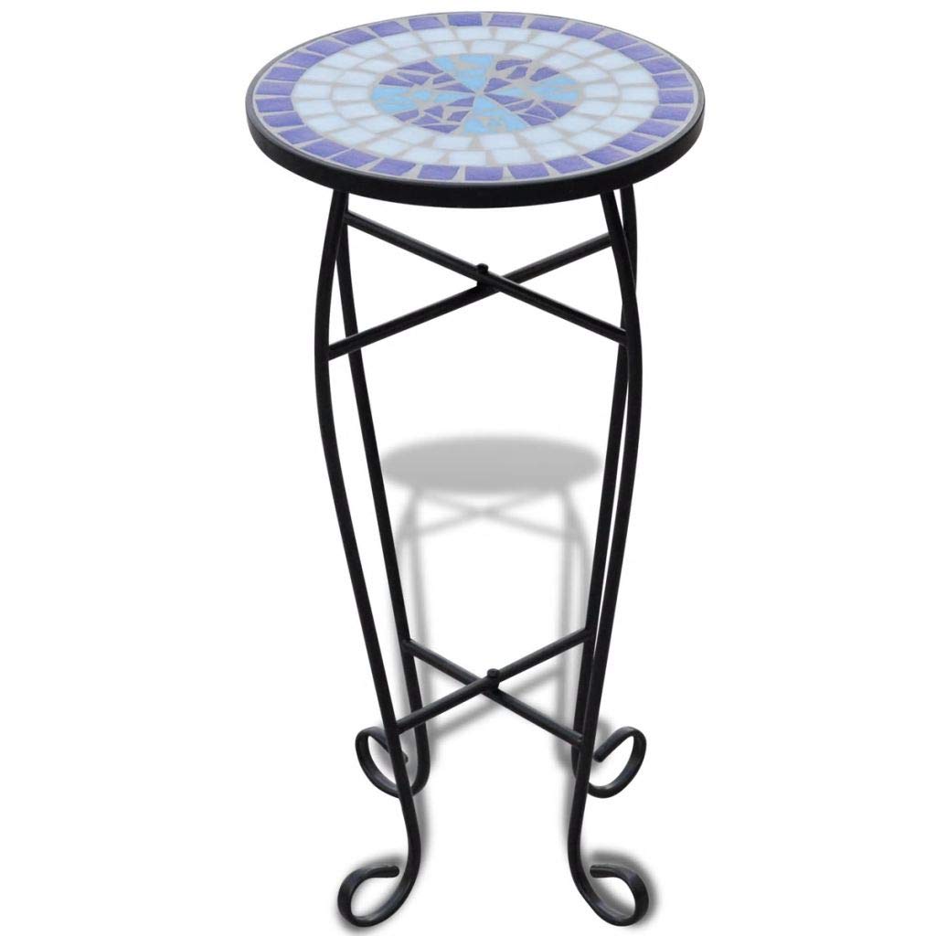 FAMIROSA Blue and White Mosaic Side Table - Small End Table for Plants, Living Room, Bedroom, or Patio Decor
