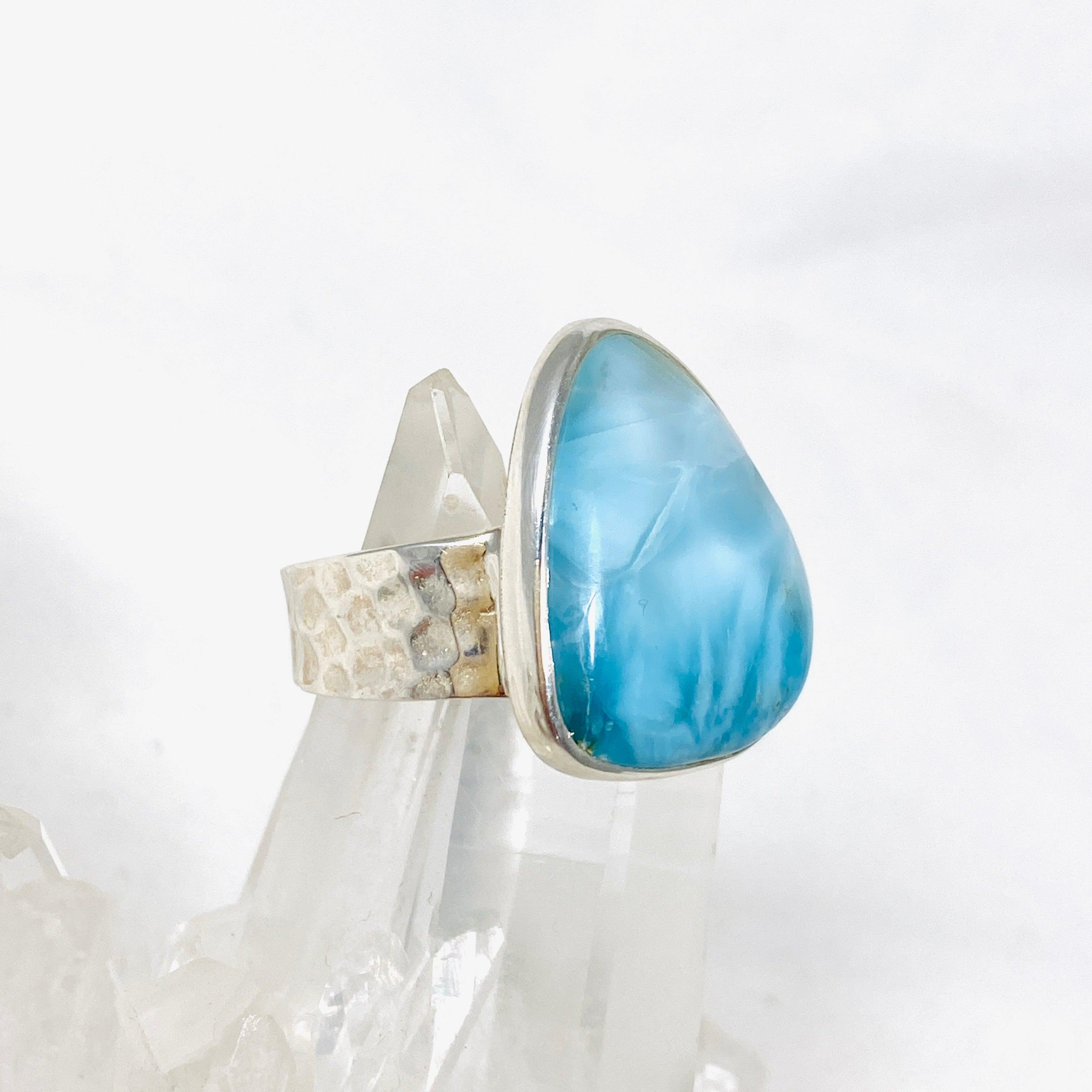 Larimar Triangular Ring with Hammered Band - Size 11 Sterling Silver Jewelry KRGJ3100 | Perfect for Boho Fashion, Beach Weddings & Unique Gift Giving