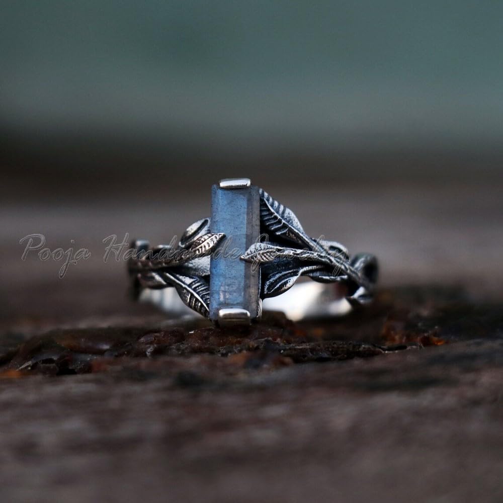 Labradorite Silver Ring for Women - 925 Sterling Silver Tree Branch Ring with Leaves Design, Handmade Rectangle Bar Ring, Gift for Wife, Sister, or Loved Ones | Perfect for Weddings, Anniversaries, and Special Occasions