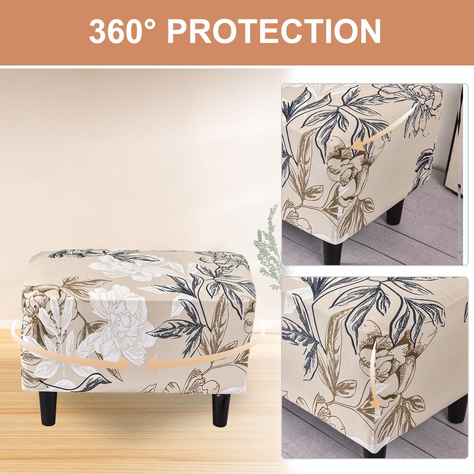 Stretch Ottoman Slipcover with Non-Slip Elastic Bottom - Rectangular Storage Footrest Stool Cover, Durable Chair Covers for Living Room, Bedroom & Office Furniture Protection