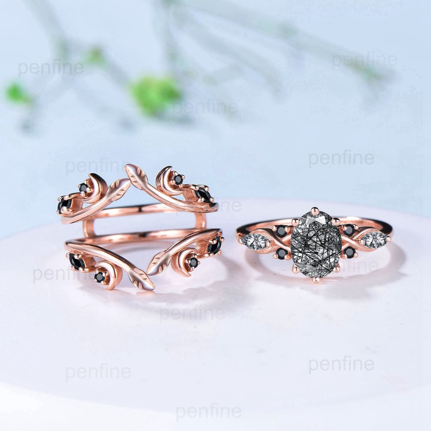 1.5CT Natural Oval Black Rutilated Quartz & Black Spinel Engagement Ring Set - Nature Inspired Double Leaf Wedding Band Stacking Bridal Jewelry for Women - Perfect for Proposals, Anniversaries & Boho Chic Bridal Looks