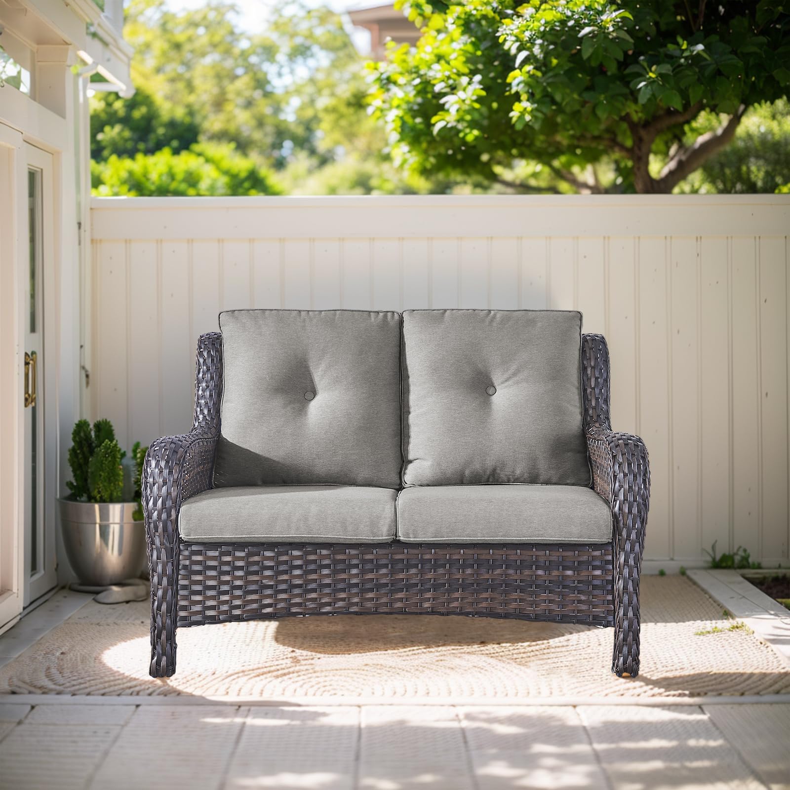 2-Seater Outdoor Loveseat Sofa - High Back Rattan Wicker Patio Couch for Porch, Deck & Backyard - Brown/Grey - Perfect for Relaxing, Entertaining & Sunbathing