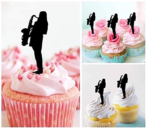 10pcs Female Jazz Saxophone Silhouette Acrylic Cupcake Toppers for Wedding, Birthday Party Decorations - Elegant Cake Decor for Jazz Themed Events & Celebrations