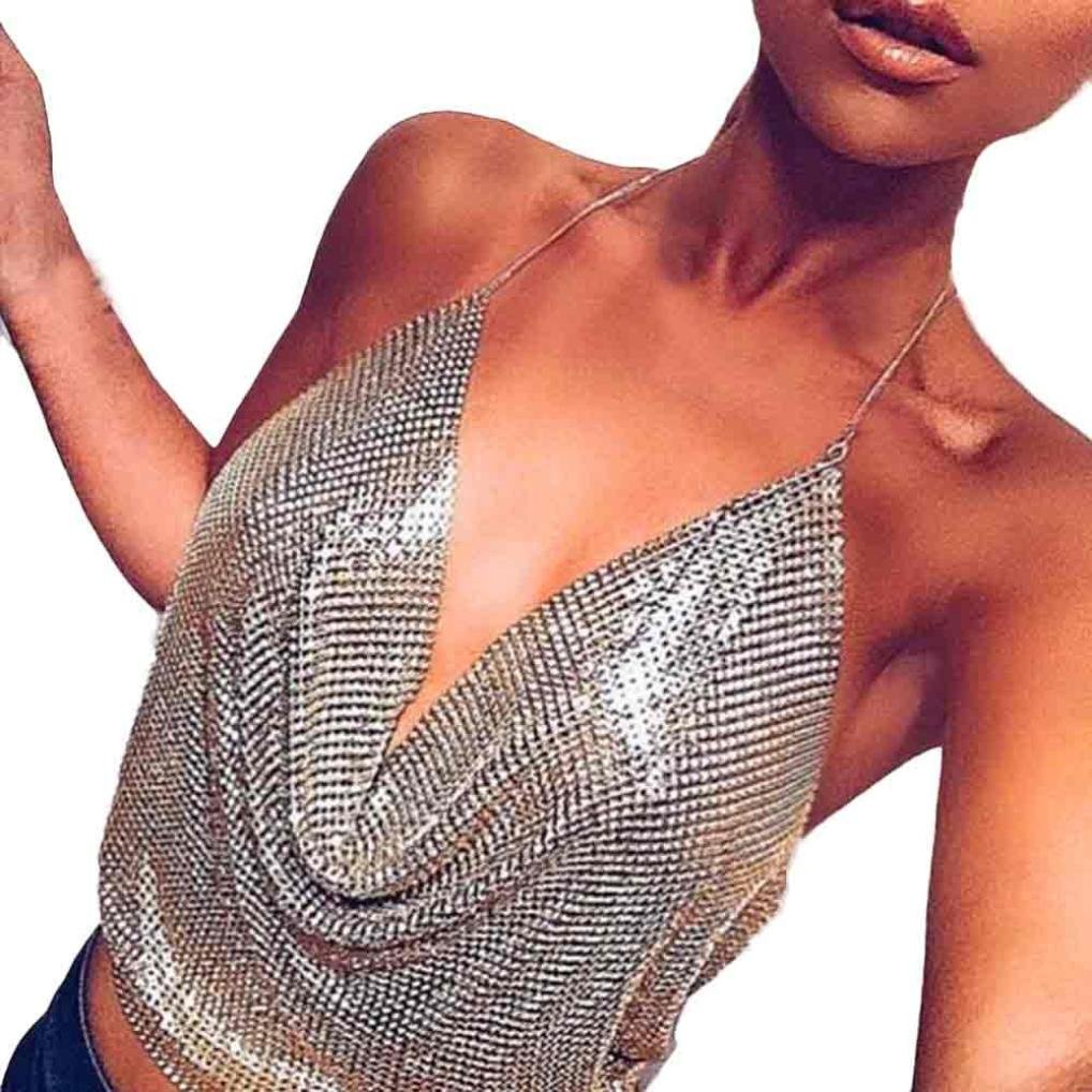 Women's Sexy V-Neck Halter Backless Chain Sequin Tank Top - Clubwear, Party Outfit, Night Out, Date Night, Summer Fashion