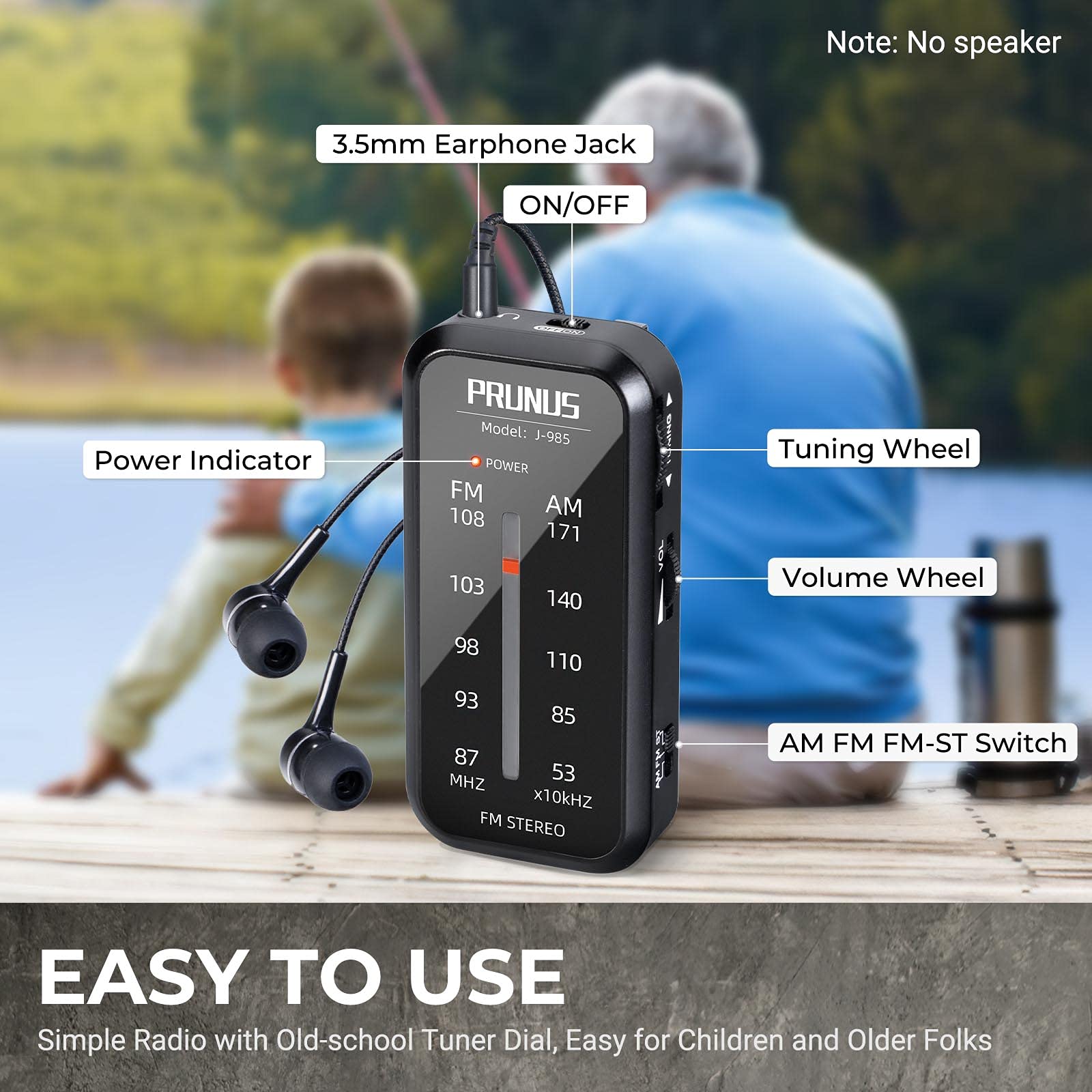 PRUNUS J-985 Mini AM/FM Stereo Portable Radio with Headphones - Battery Operated, Clip & Lock Key, Compact Design for Outdoor, Travel, Emergency Use | J-328 Pocket FM Walkman Radio with Voice Recorder