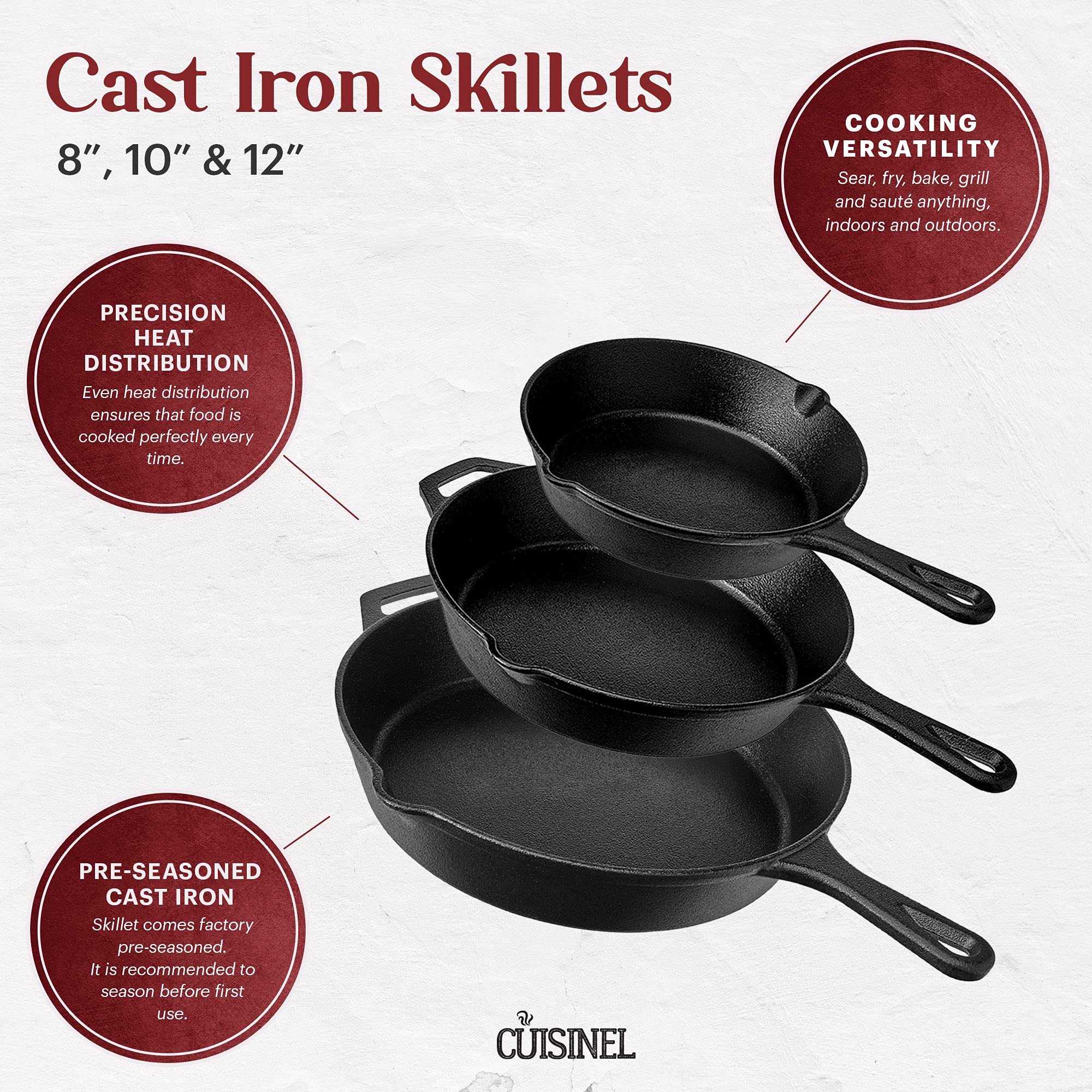 Premium Cuisinel Cast Iron Skillet Set with Glass Lids - 8