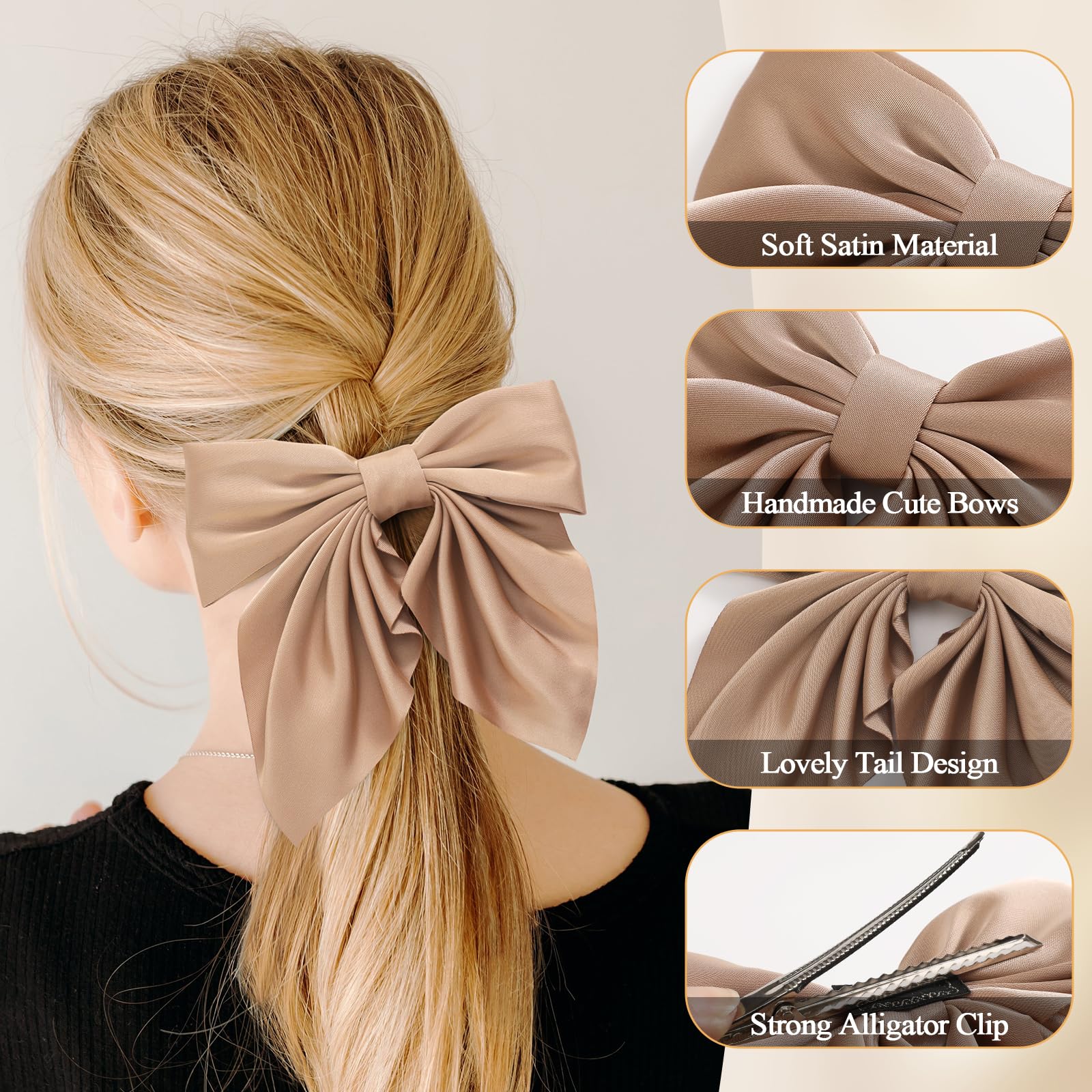 6Pcs Elegant Satin Hair Bows for Women & Girls - Neutral Color Bow Hair Clips, Soft Silky Hair Ribbons - Perfect Hair Accessories Gift for Birthday, Wedding, Party & Everyday Style