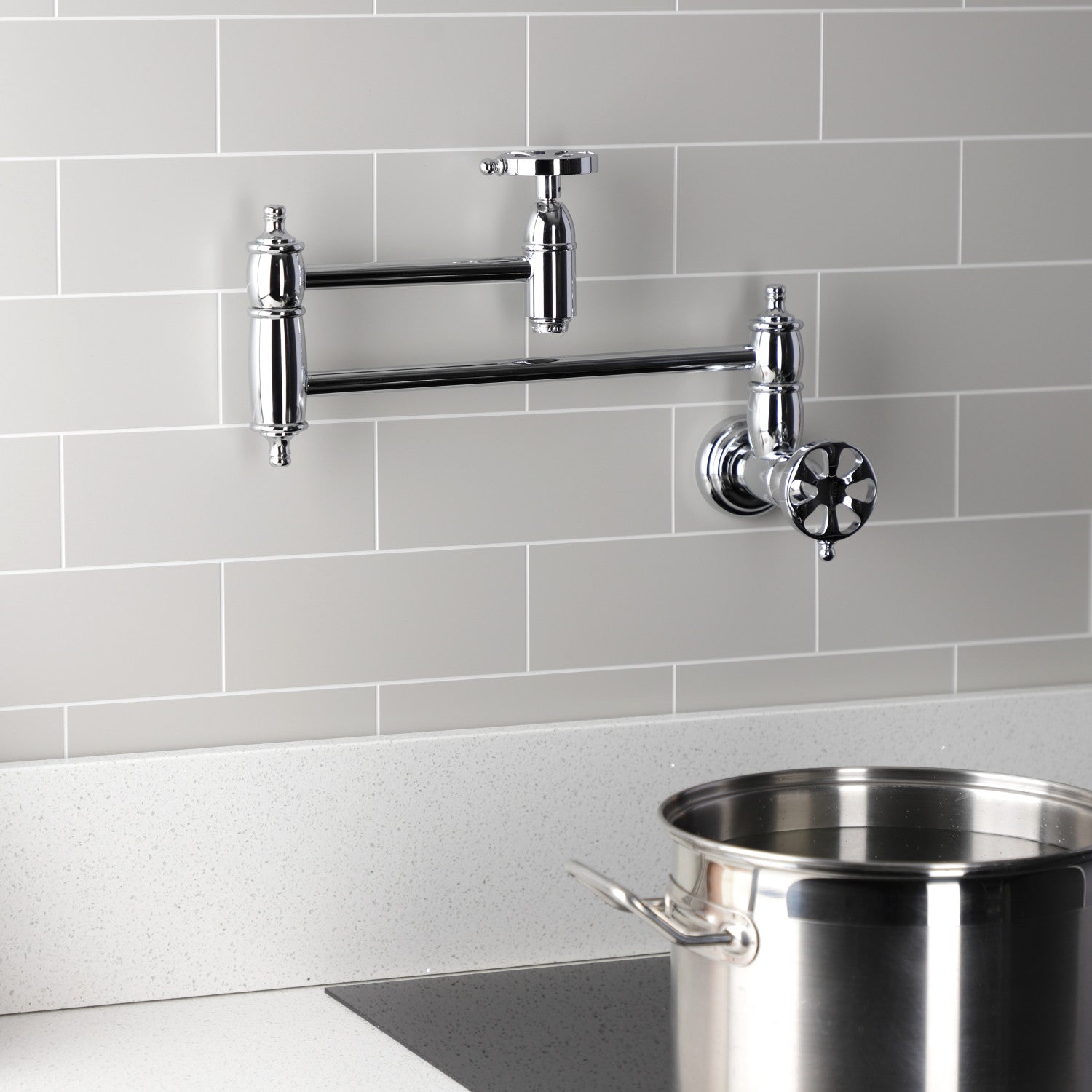 Belknap KS3101RX Two Handle Wall Mount Pot Filler Faucet - Polished Chrome Finish - Ideal for Kitchen Sink, Stove & Cooking Area