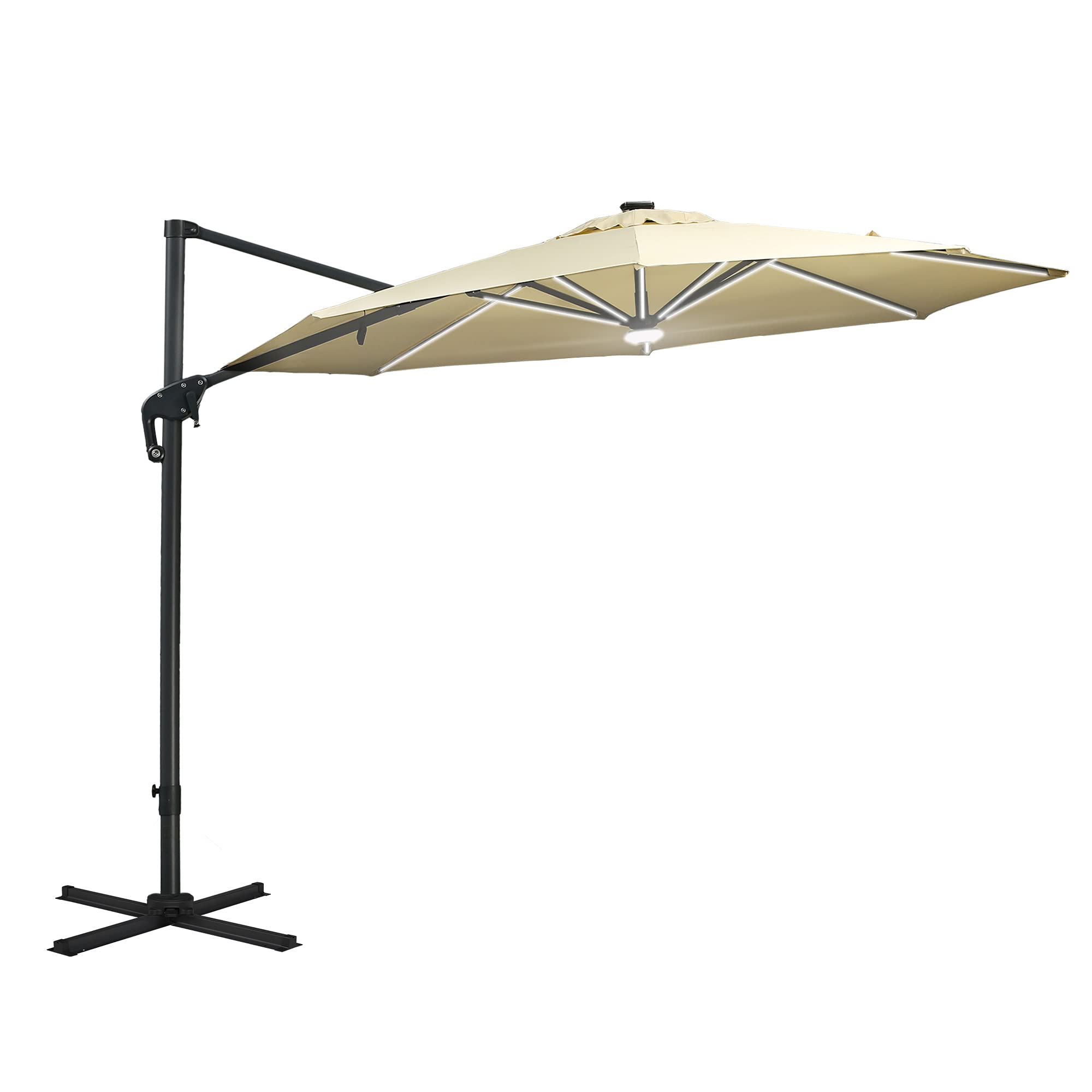 Outsunny 10ft Solar LED Cantilever Patio Umbrella - Aluminum Hanging Offset Outdoor Sun Shade with 360° Rotation, Built-in Lights, Adjustable Tilt & Crank, Heavy-Duty Cross Base - Beige - Perfect for Poolside, Backyard, Deck, and Patio Relaxation